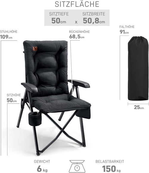 Kempingová stolička, skladacie operadlo, nastaviteľné, 4 polohy, do 150 kg