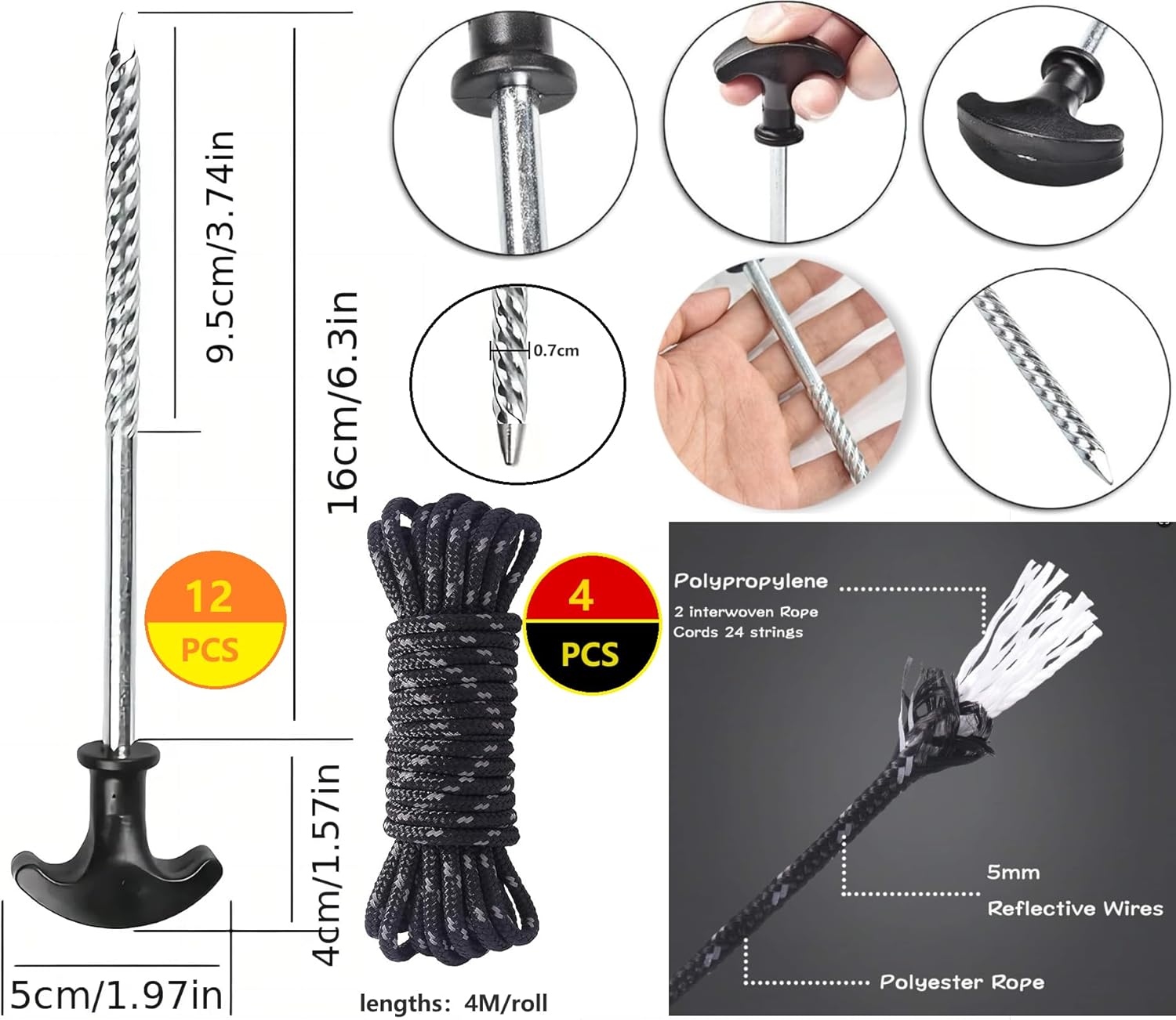 12 Tent Pegs, Screw Pegs for Garden, Camping and Fishing