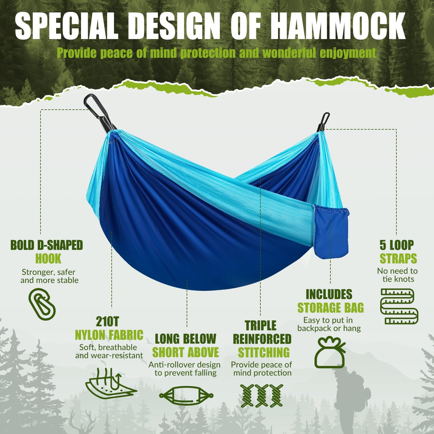 Ultraľahká vonkajšia hojdacia sieť s nosnosťou 300 kg, cestovná hojdacia sieť, kempingová hojdacia sieť