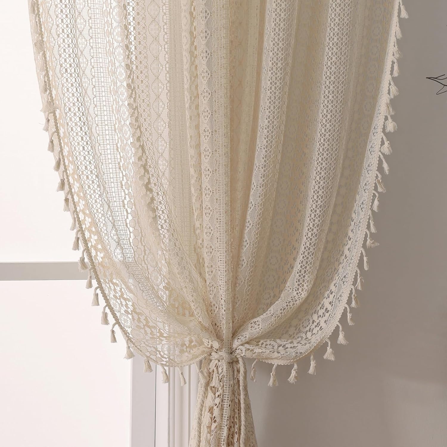 Boho Crochet Lace Curtains | Tassel & Geometry Stripe | Semi-Sheer | Rod Pocket | Terracotta | 2 Panels, 59"W