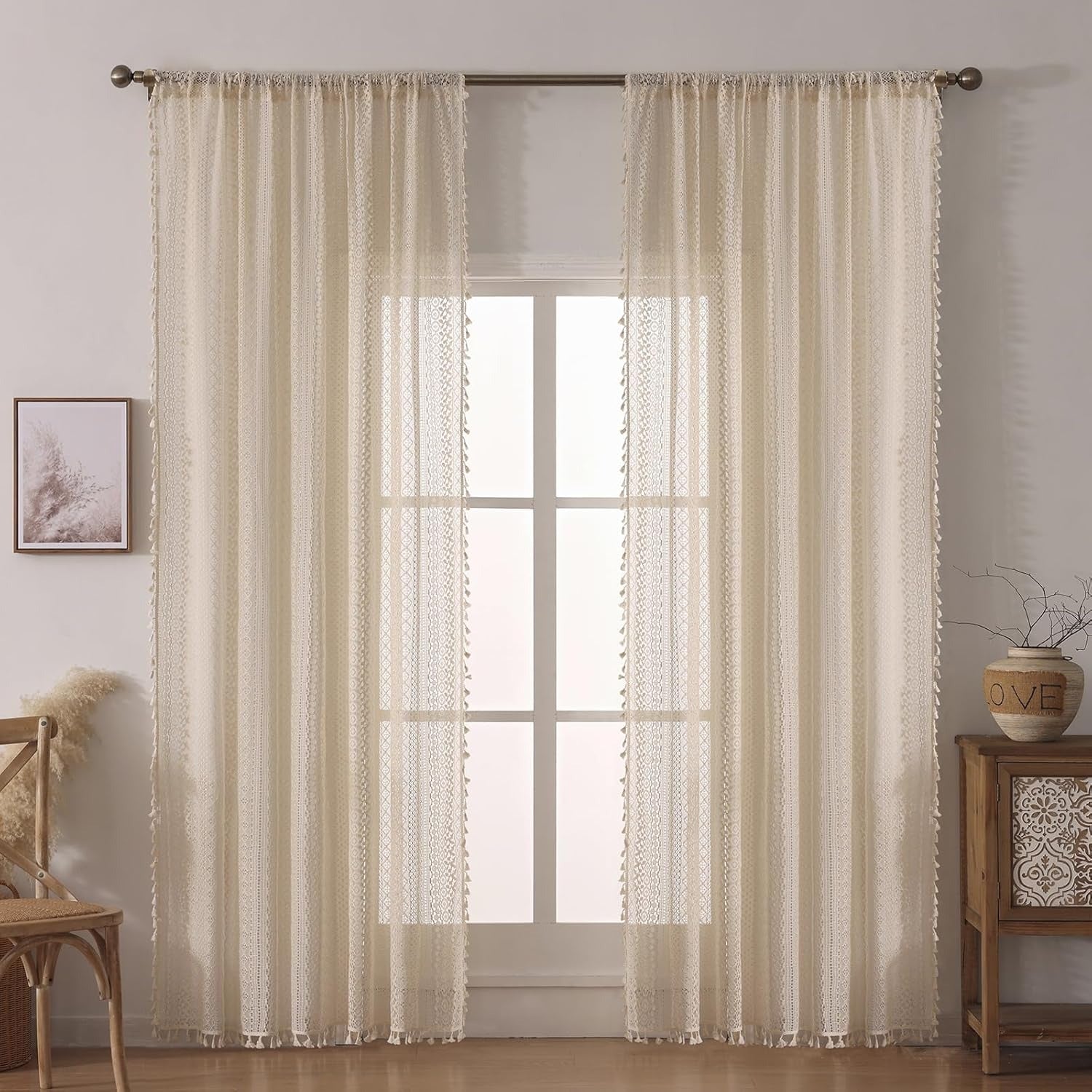 Boho Crochet Lace Curtains | Tassel & Geometry Stripe | Semi-Sheer | Rod Pocket | Terracotta | 2 Panels, 59"W