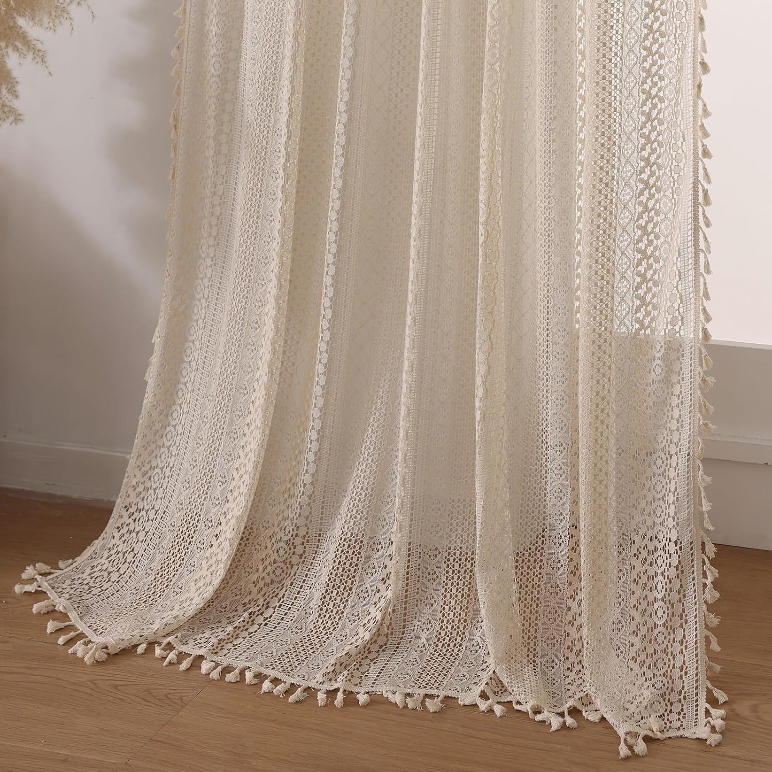 Boho Crochet Lace Curtains | Tassel & Geometry Stripe | Semi-Sheer | Rod Pocket | Terracotta | 2 Panels, 59"W