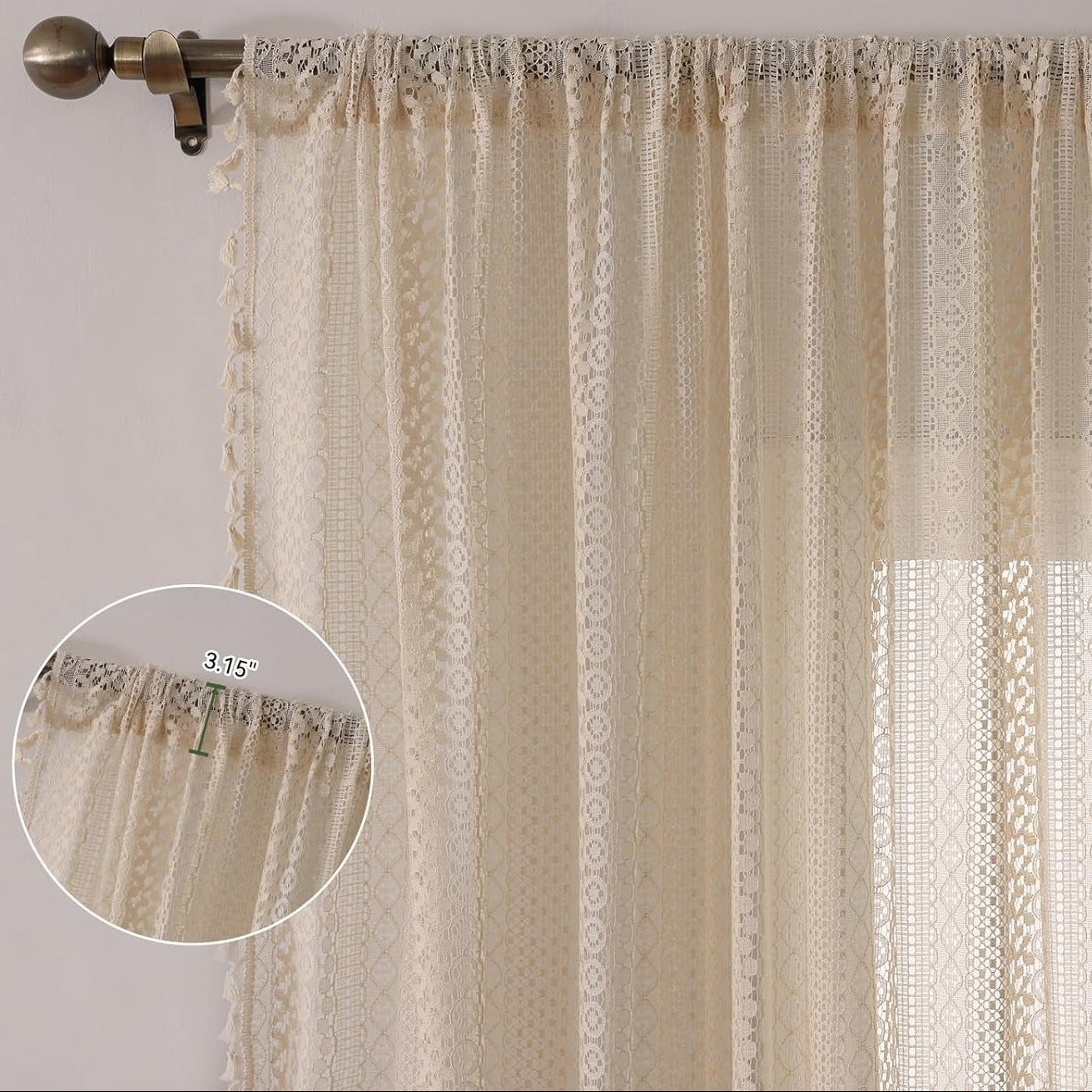 Boho Crochet Lace Curtains | Tassel & Geometry Stripe | Semi-Sheer | Rod Pocket | Terracotta | 2 Panels, 59"W