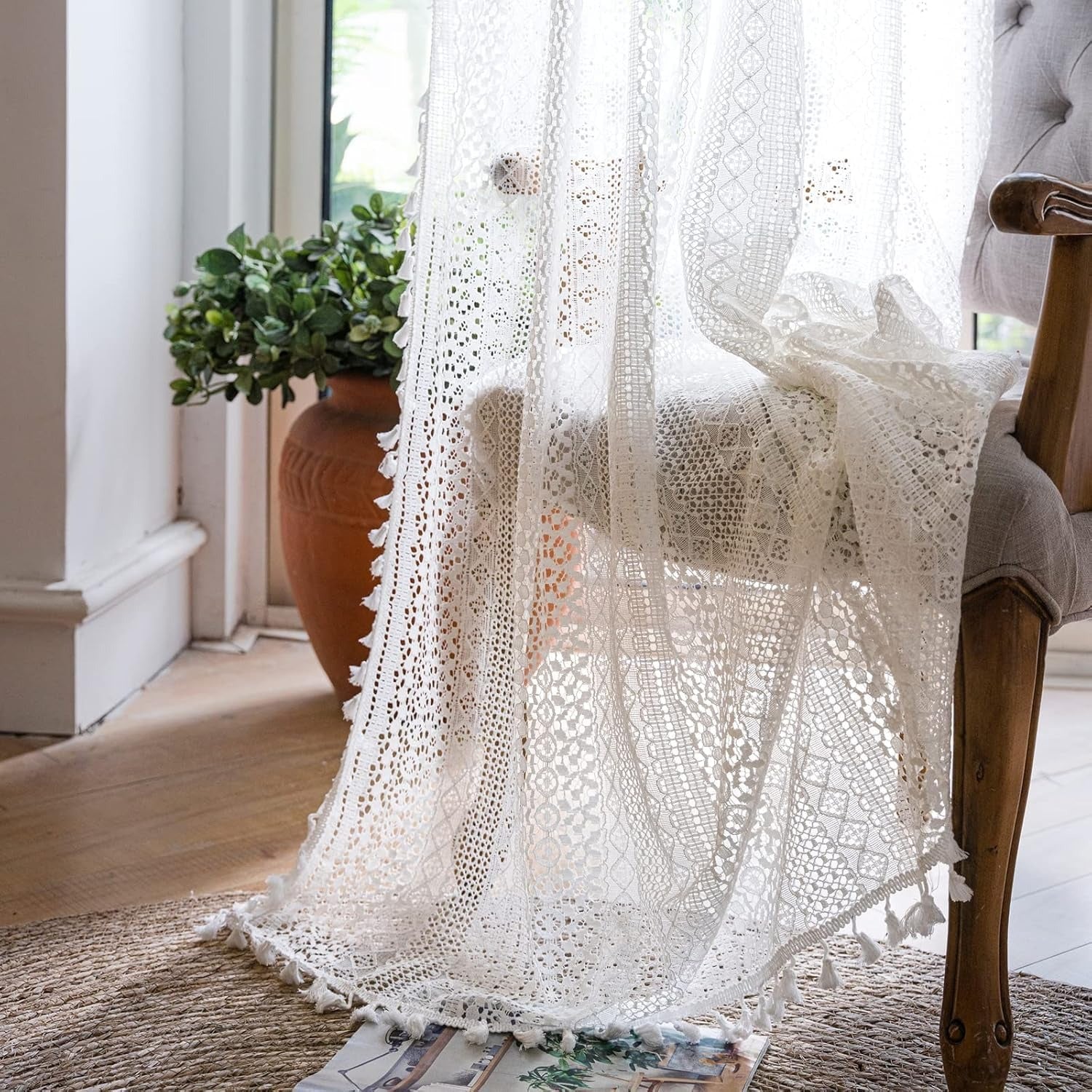 Boho Crochet Lace Curtains | Tassel & Geometry Stripe | Semi-Sheer | Rod Pocket | Terracotta | 2 Panels, 59"W