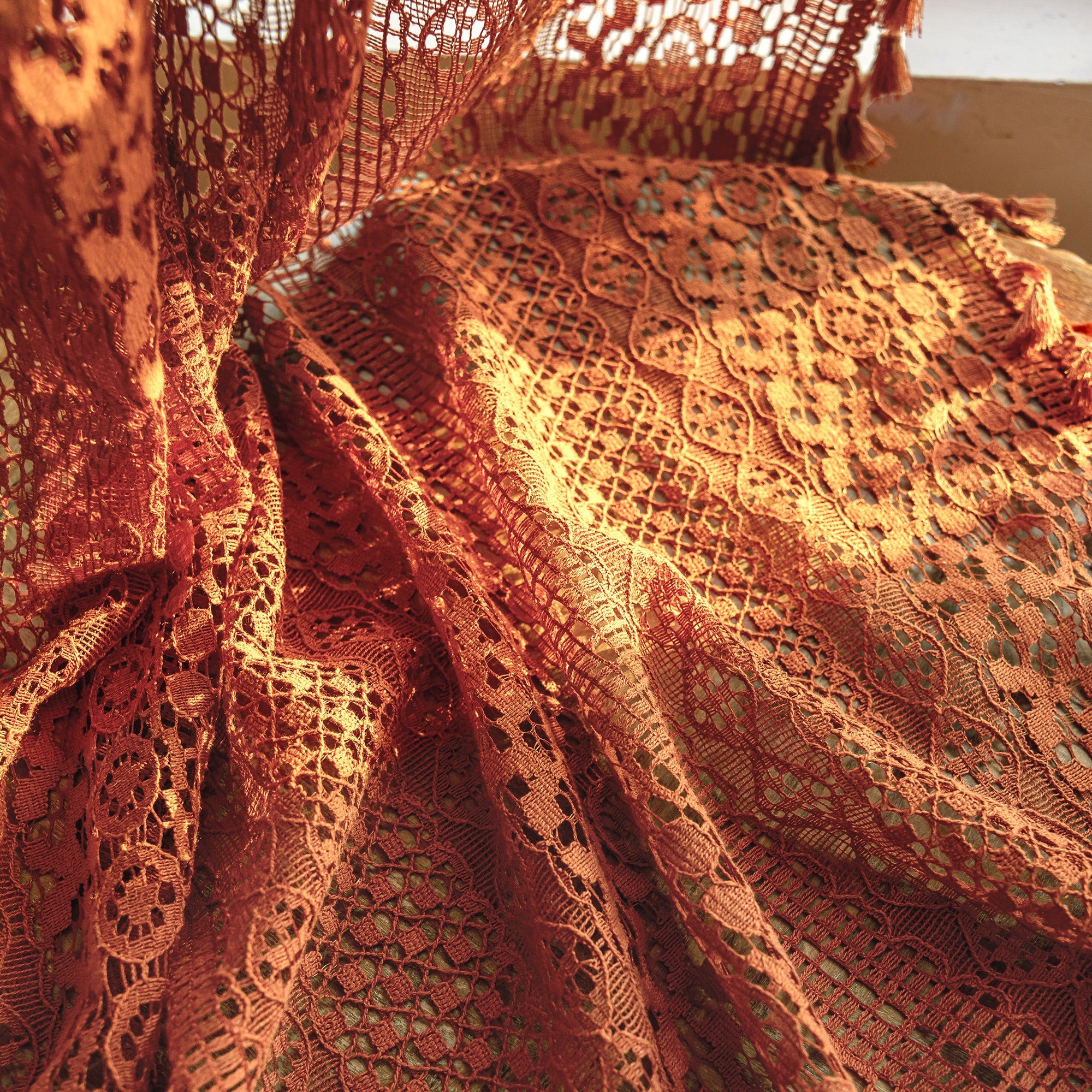 Boho Crochet Lace Curtains | Tassel & Geometry Stripe | Semi-Sheer | Rod Pocket | Terracotta | 2 Panels, 59"W