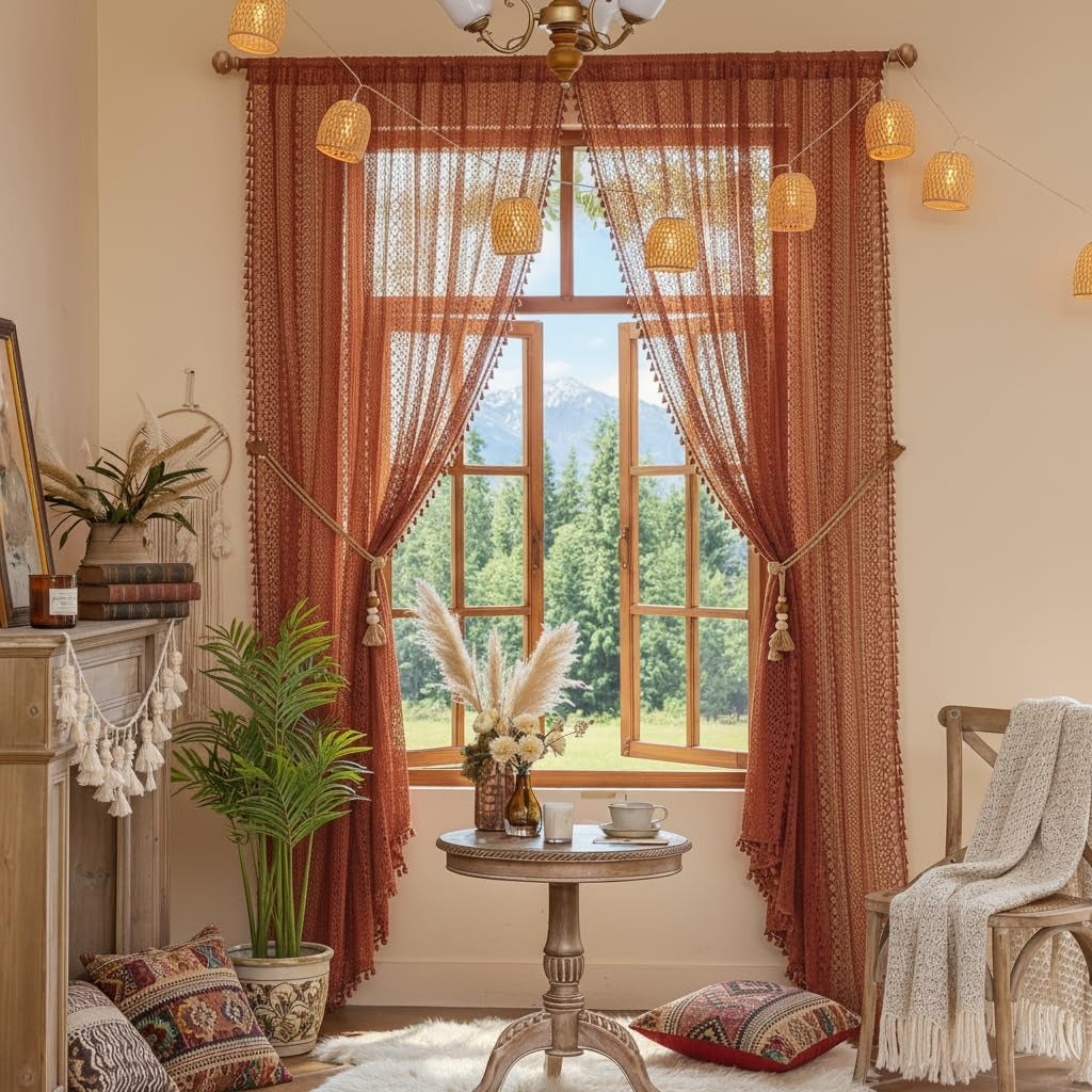 Boho Crochet Lace Curtains | Tassel & Geometry Stripe | Semi-Sheer | Rod Pocket | Terracotta | 2 Panels, 59"W