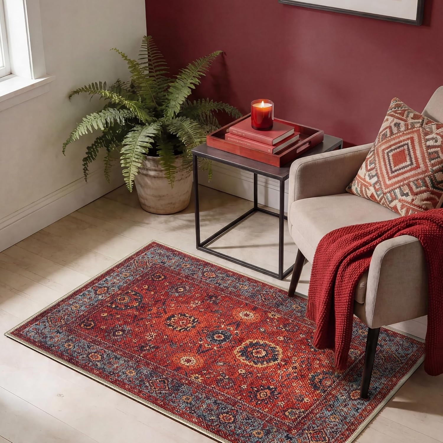 Vintage Moroccan Area Rug | Machine Washable | Non-Slip Backing | Low Pile | Multiple Sizes