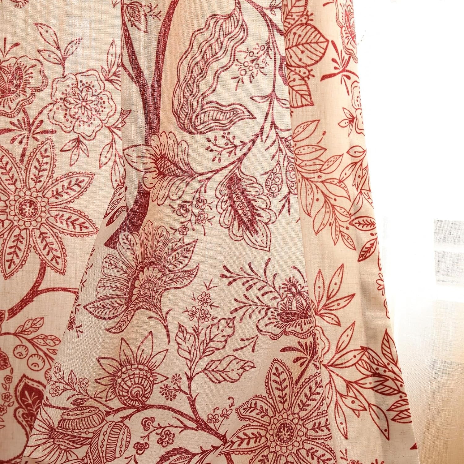 Vintage Linen Semi-Blackout Curtains with Grommets | Red Floral Cottage Style | Living Room, Bedroom & Kitchen | 2 Panels