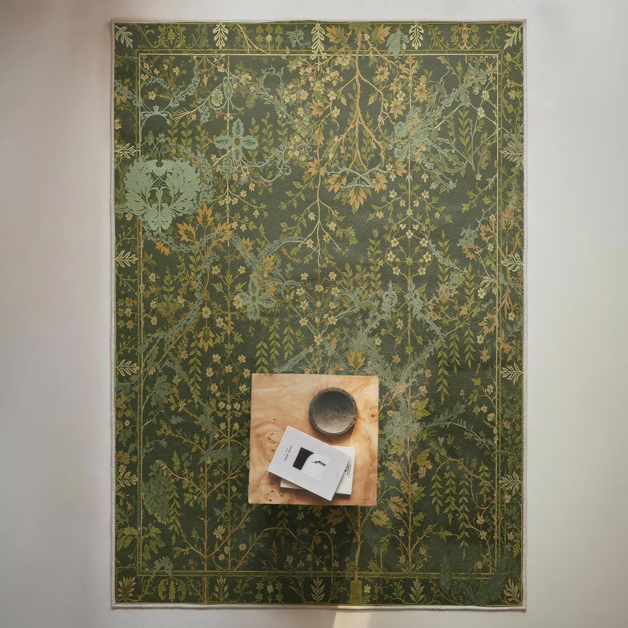 Dark Green Botanical Area Rug | Forest Leaves Arts & Crafts Design | Non-Slip | Multiple Sizes