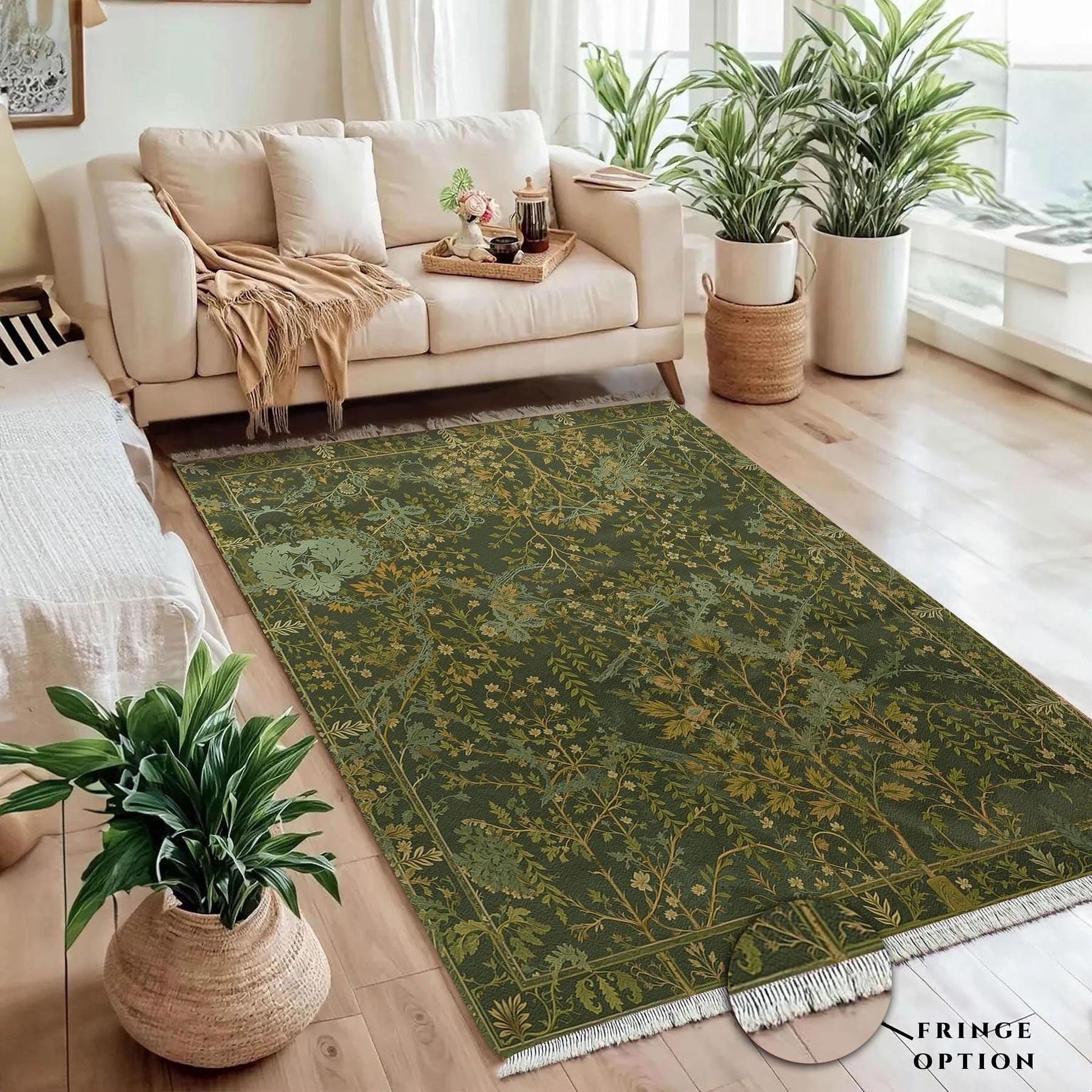 Dark Green Botanical Area Rug | Forest Leaves Arts & Crafts Design | Non-Slip | Multiple Sizes