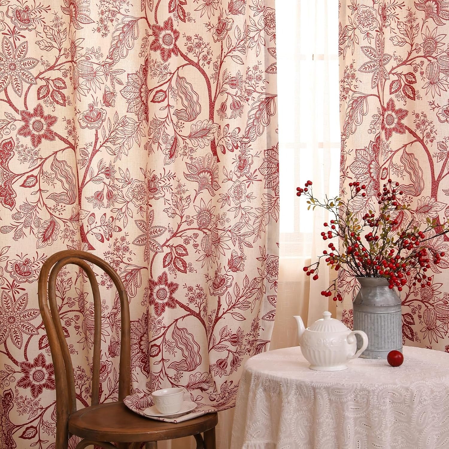 Vintage Linen Semi-Blackout Curtains with Grommets | Red Floral Cottage Style | Living Room, Bedroom & Kitchen | 2 Panels