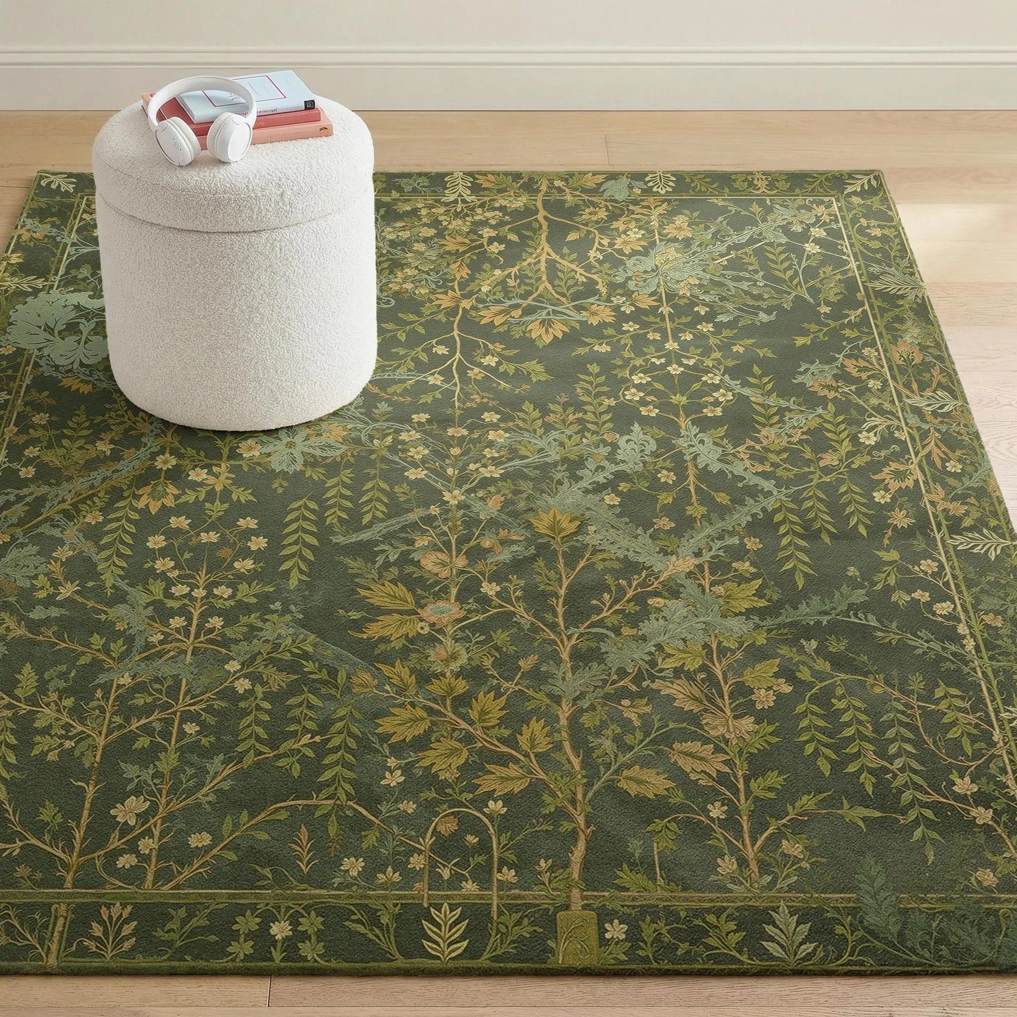 Dark Green Botanical Area Rug | Forest Leaves Arts & Crafts Design | Non-Slip | Multiple Sizes