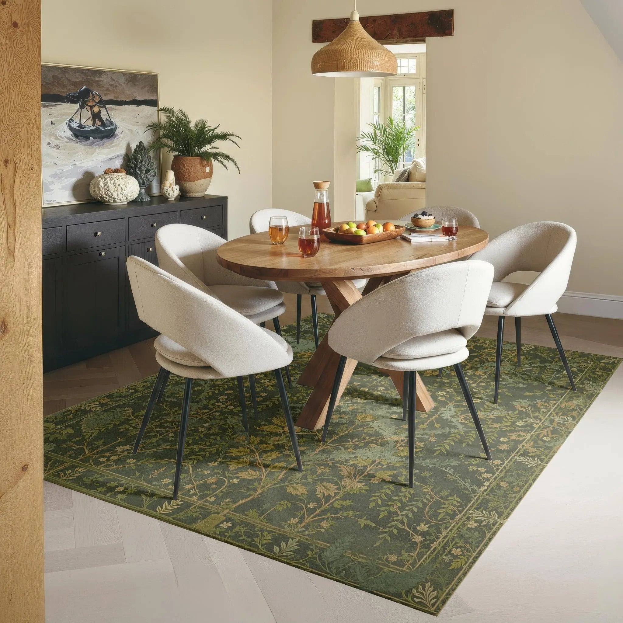 Dark Green Botanical Area Rug | Forest Leaves Arts & Crafts Design | Non-Slip | Multiple Sizes