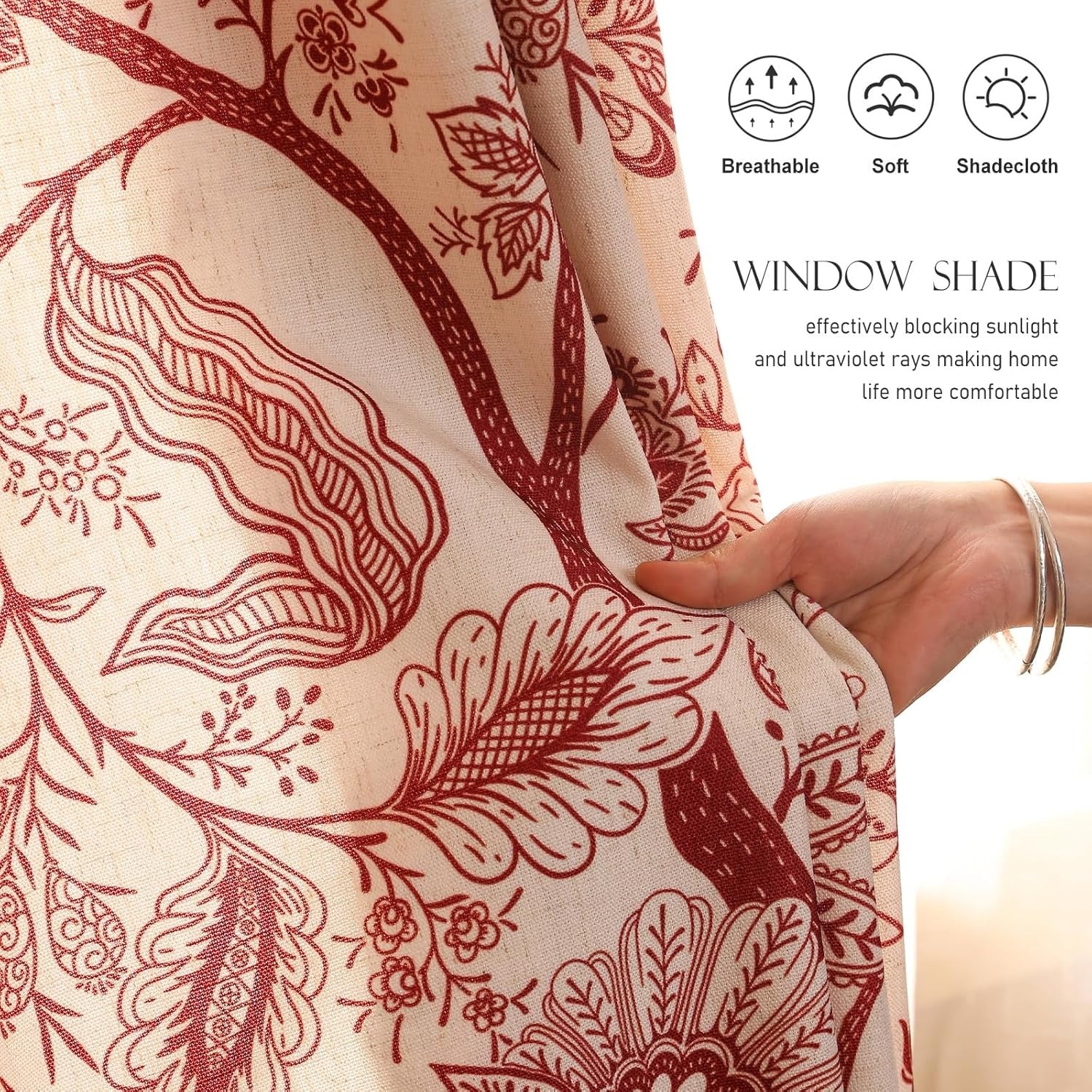 Vintage Linen Semi-Blackout Curtains with Grommets | Red Floral Cottage Style | Living Room, Bedroom & Kitchen | 2 Panels