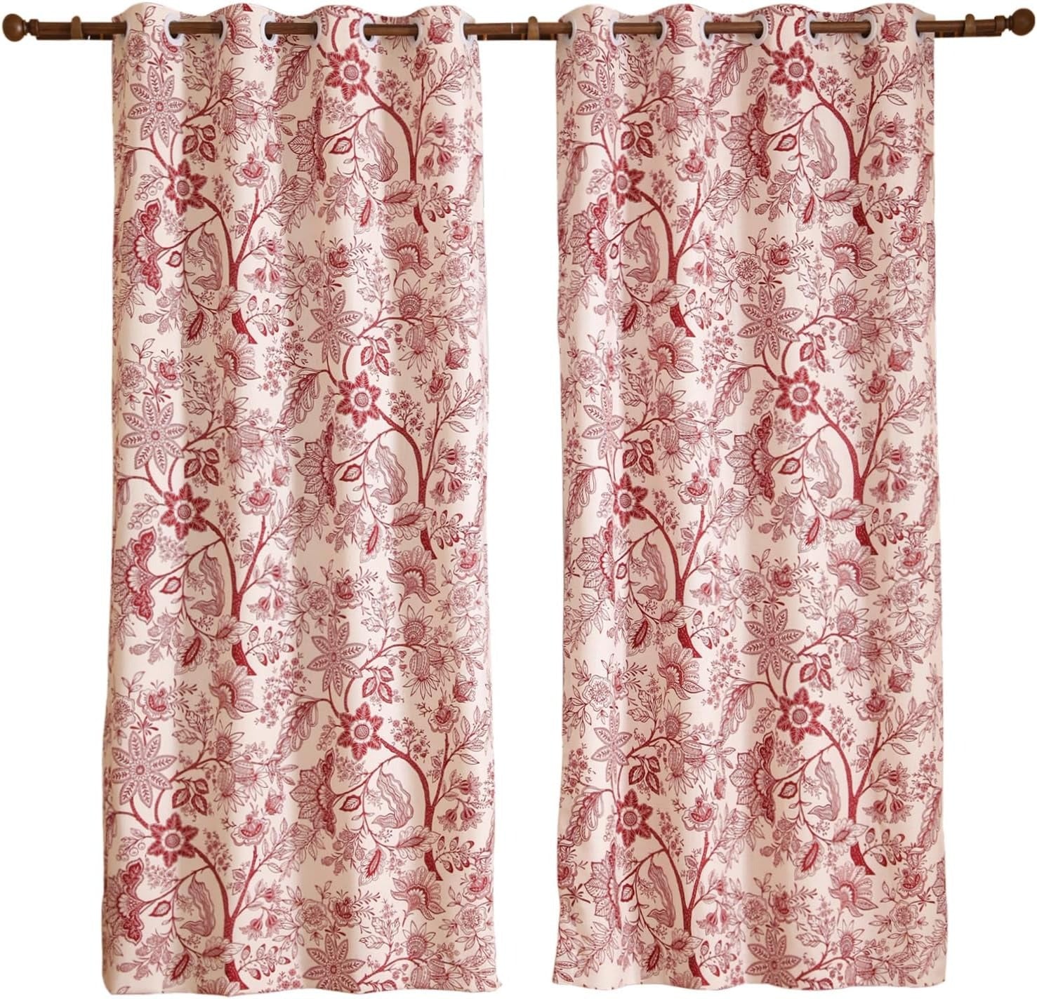 Vintage Linen Semi-Blackout Curtains with Grommets | Red Floral Cottage Style | Living Room, Bedroom & Kitchen | 2 Panels