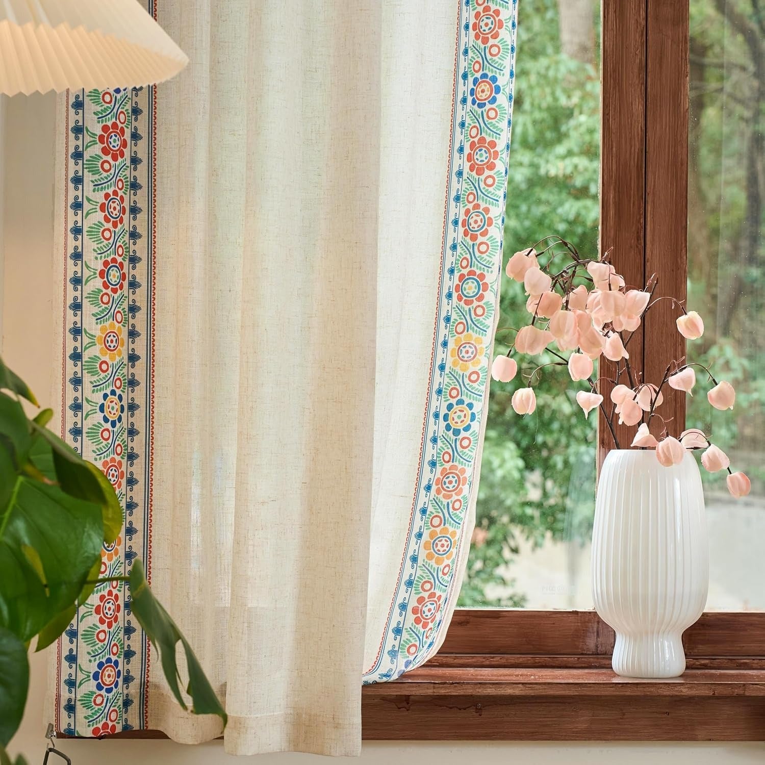Boho Linen Curtains | Farmhouse Floral Print | Light Filtering | Back Tab & Rod Pocket | 2 Panels, 50"W