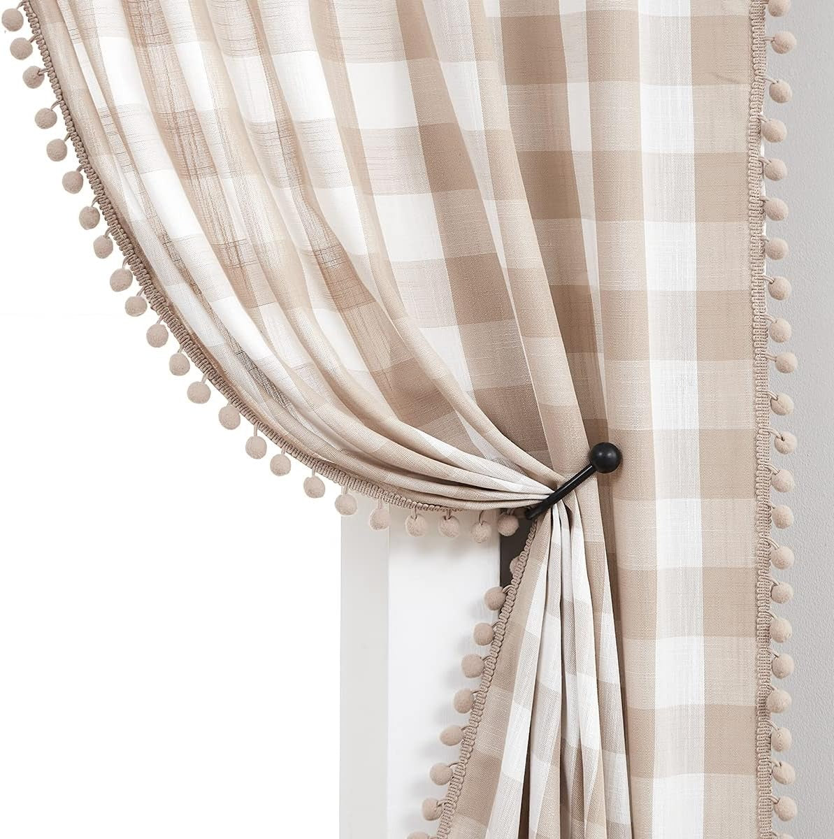 Buffalo Check Curtains with Pom Pom Border | Semi-Sheer Farmhouse Drapes | Taupe & White | Rod Pocket | 2 Panels