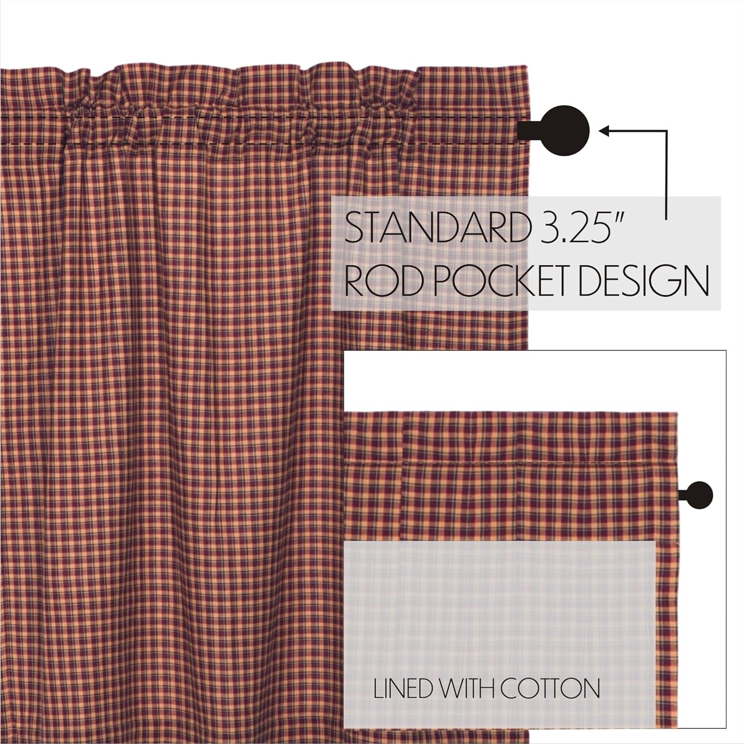 Primitive Plaid Cotton Curtains | Deep Red | Rod Pocket with Tiebacks | Farmhouse Country Style