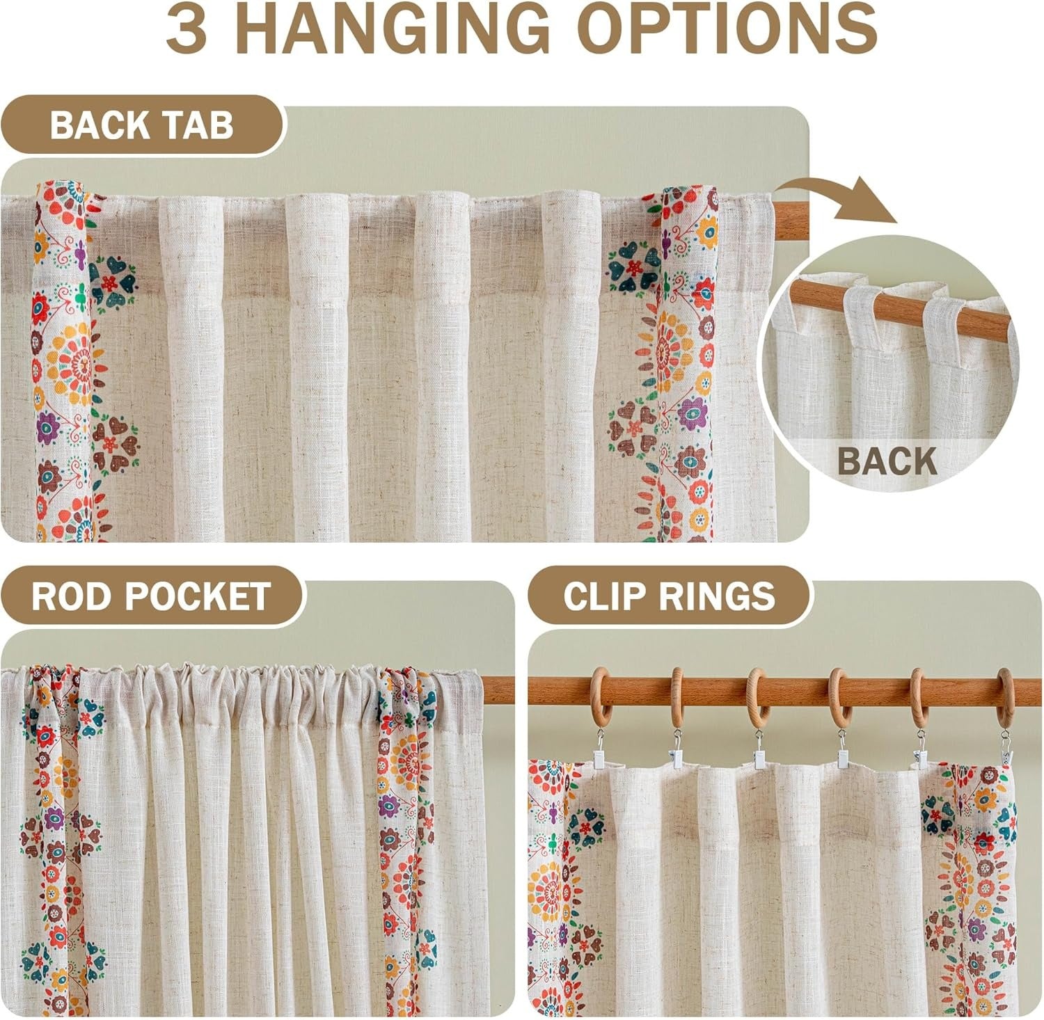 Boho Linen Curtains | Farmhouse Floral Print | Light Filtering | Back Tab & Rod Pocket | 2 Panels, 50"W