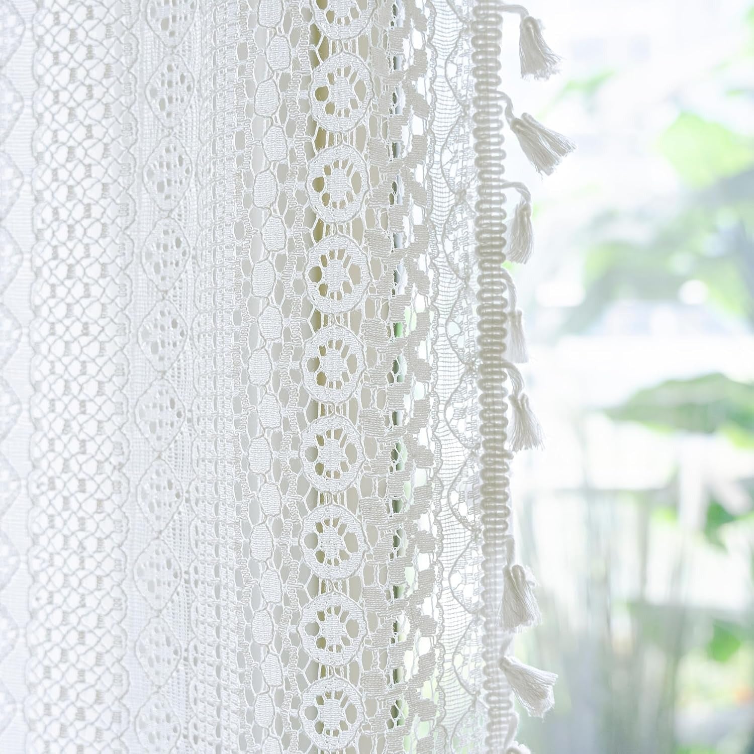 Boho Crochet Lace Curtains | Tassel & Geometry Stripe | Semi-Sheer | Rod Pocket | Terracotta | 2 Panels, 59"W