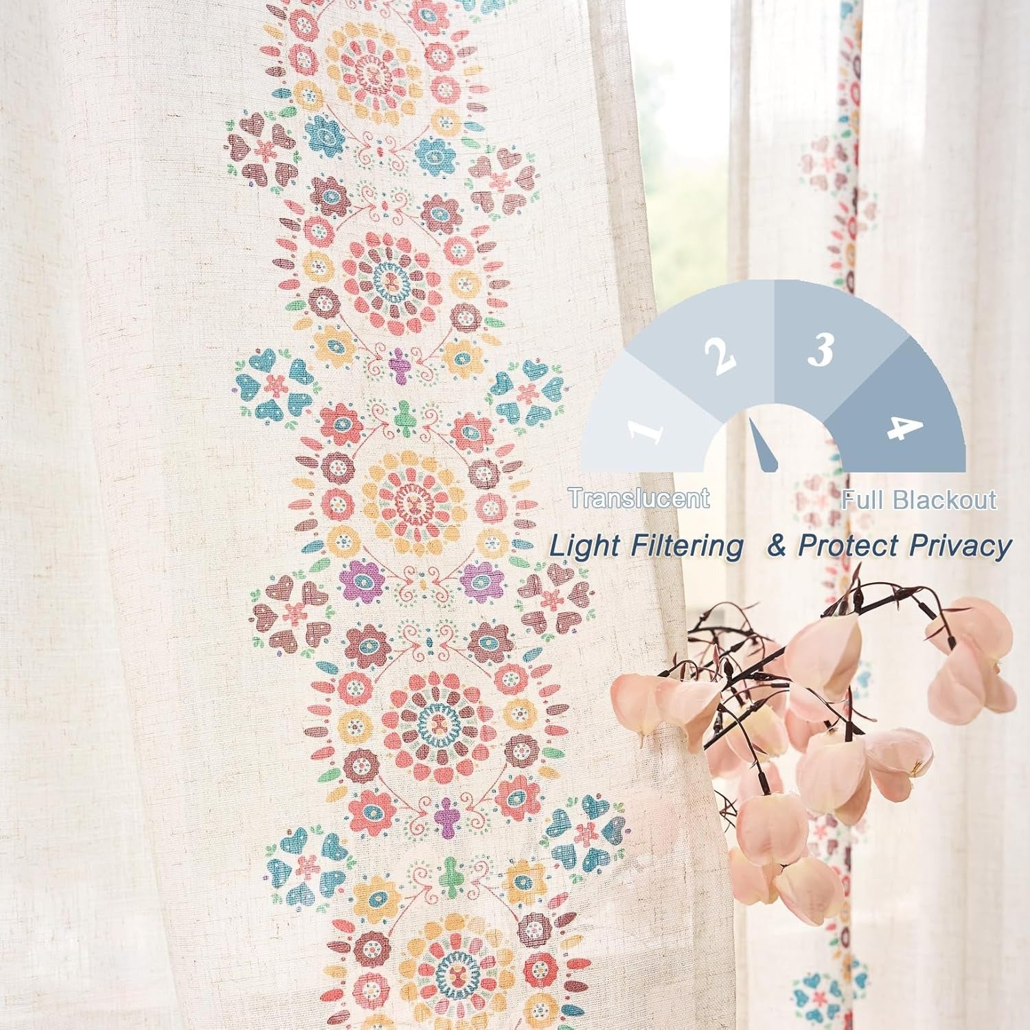 Boho Linen Curtains | Farmhouse Floral Print | Light Filtering | Back Tab & Rod Pocket | 2 Panels, 50"W