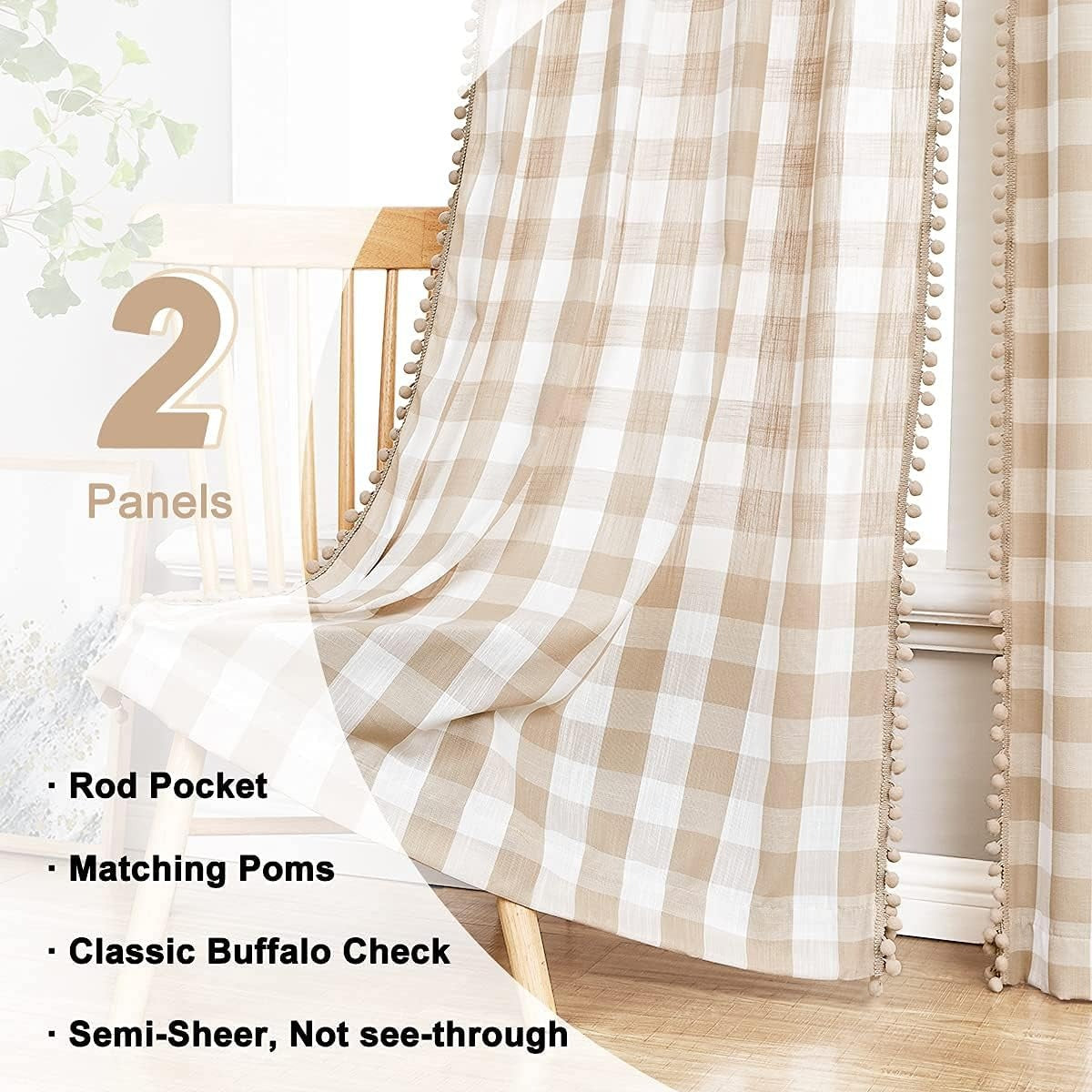 Buffalo Check Curtains with Pom Pom Border | Semi-Sheer Farmhouse Drapes | Taupe & White | Rod Pocket | 2 Panels