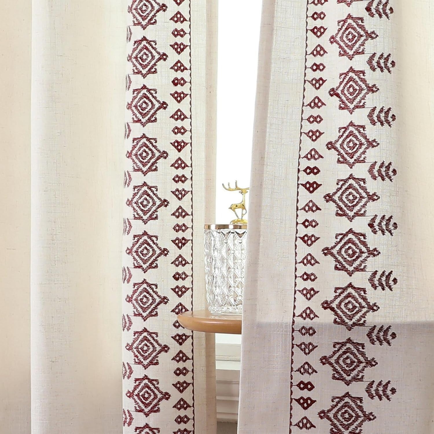 Burgundy Red Embroidered Linen Curtains | Boho Jacquard Drapes | Back Tab & Rod Pocket | 2 Panel Set