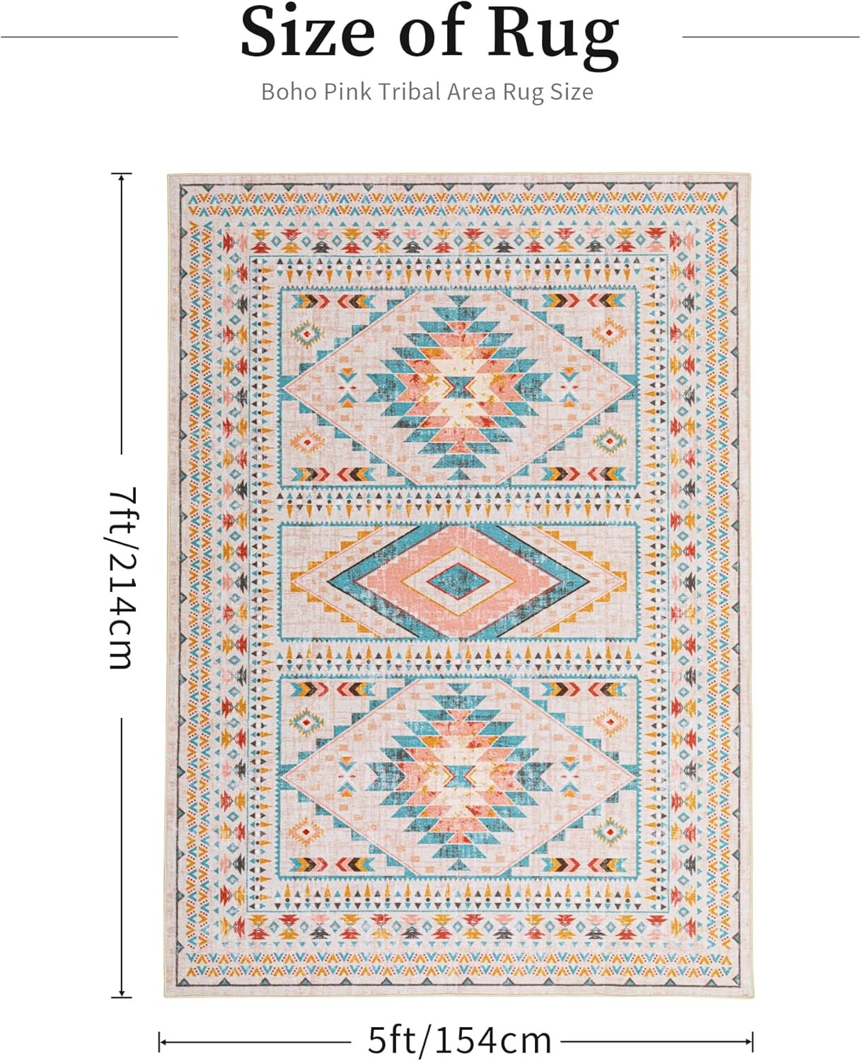 Pink Boho Tribal Area Rug | Geometric Medallion | Washable | Non-Slip | Soft Low Pile | 3 Sizes