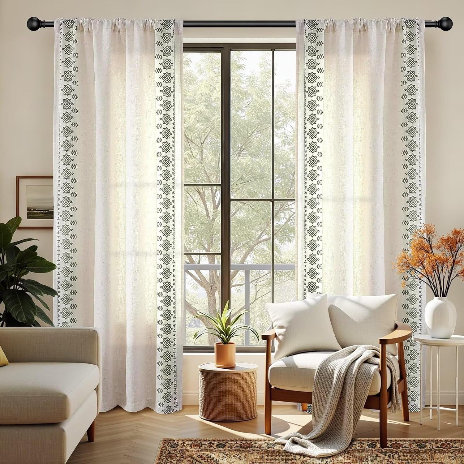 Burgundy Red Embroidered Linen Curtains | Boho Jacquard Drapes | Back Tab & Rod Pocket | 2 Panel Set