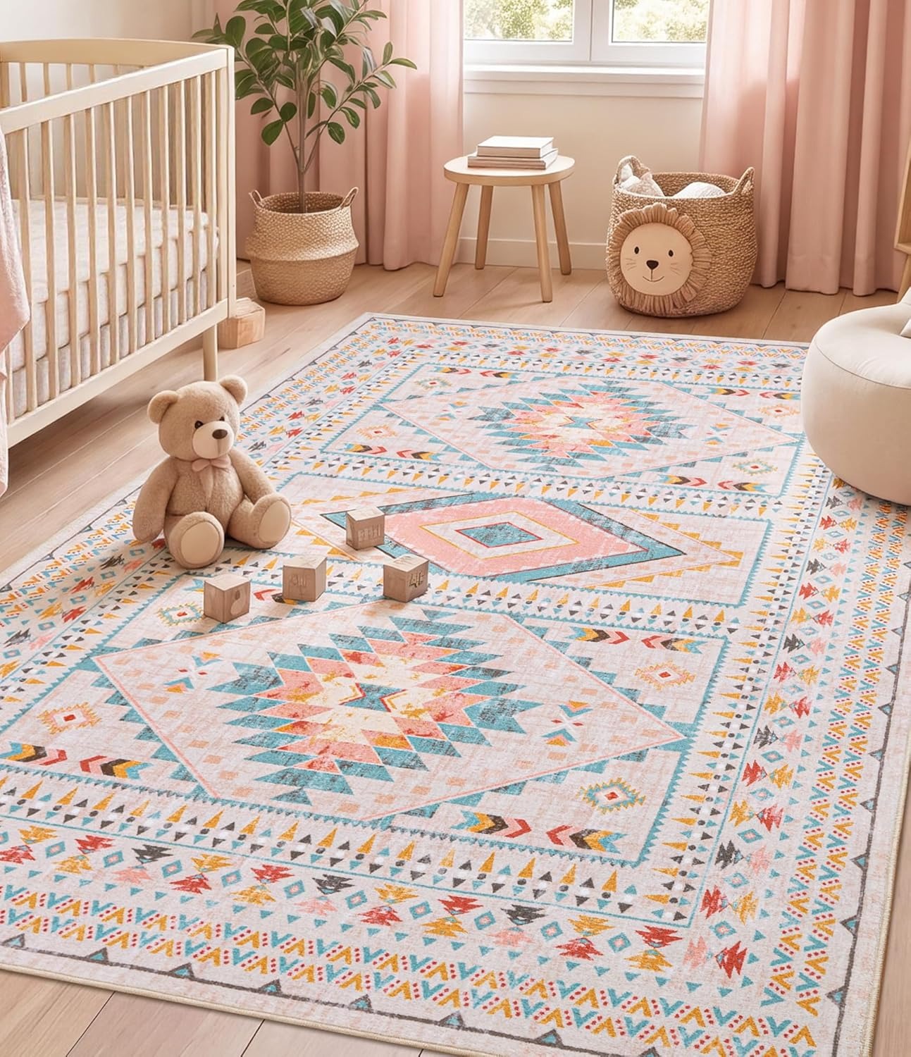 Pink Boho Tribal Area Rug | Geometric Medallion | Washable | Non-Slip | Soft Low Pile | 3 Sizes