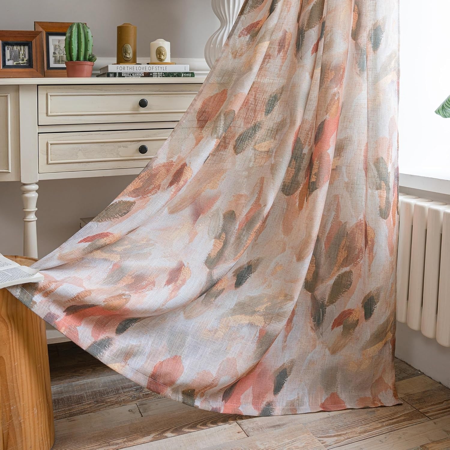 Floral Linen Curtains | Light Filtering Grommet Drapes | Coral & Orange | 52"W × 84"L | 2 Panels