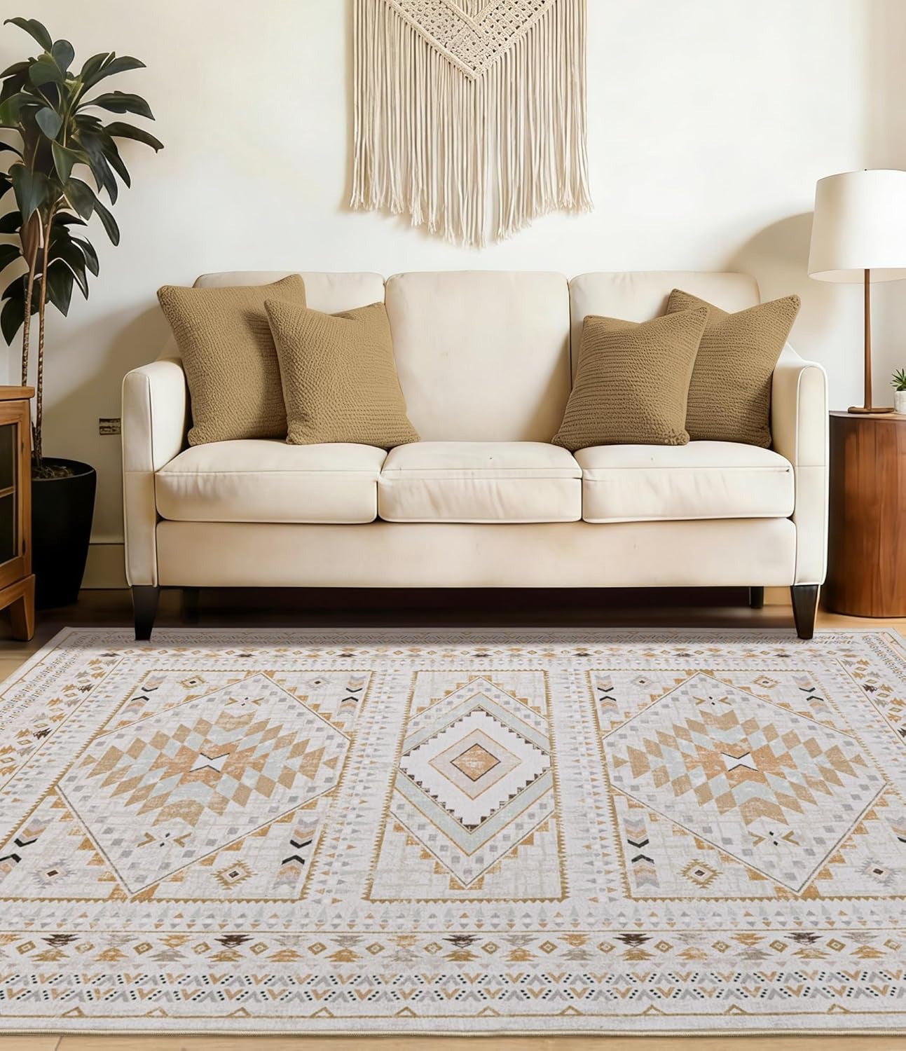 Pink Boho Tribal Area Rug | Geometric Medallion | Washable | Non-Slip | Soft Low Pile | 3 Sizes