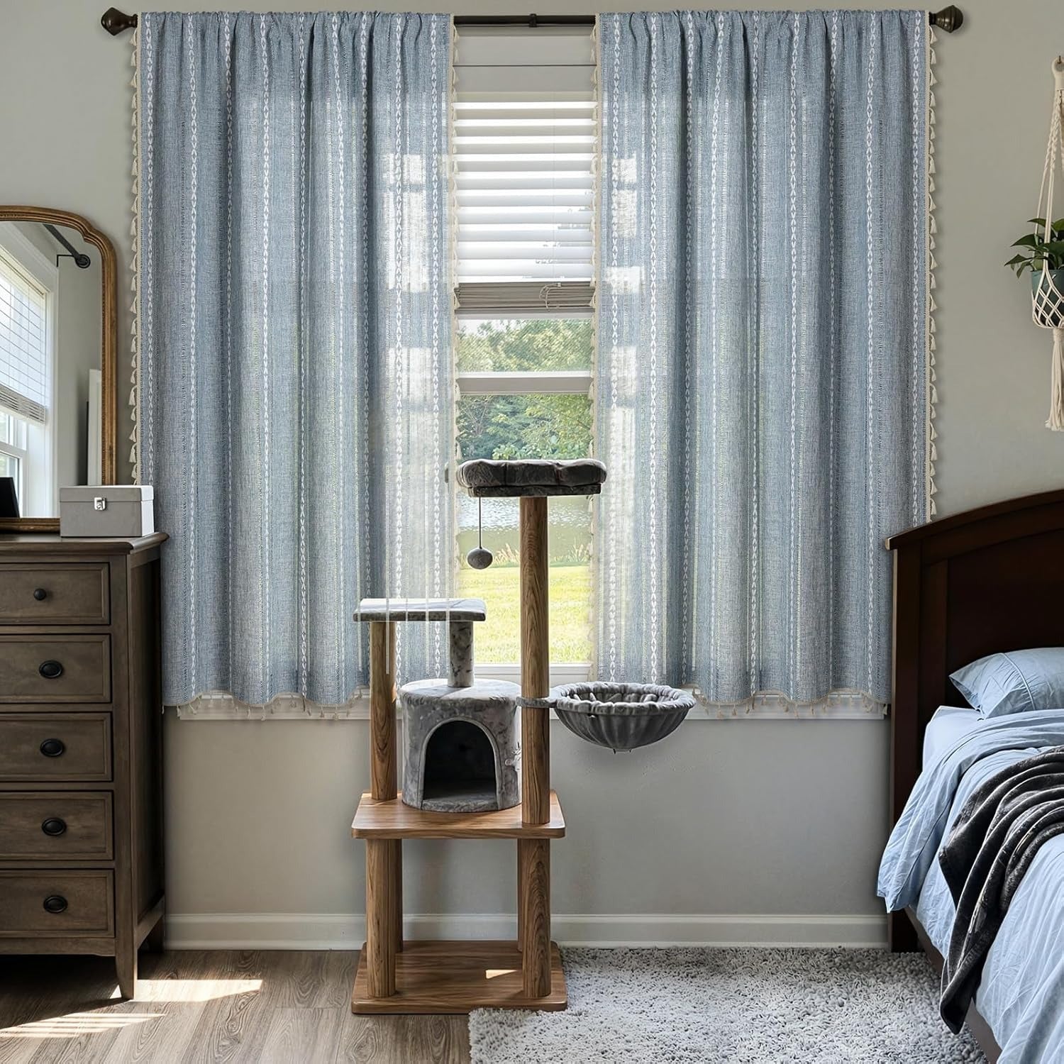 Boho Linen-Textured Curtains | Embroidered Stripe with Tassels | Light Filtering | 2 Panels