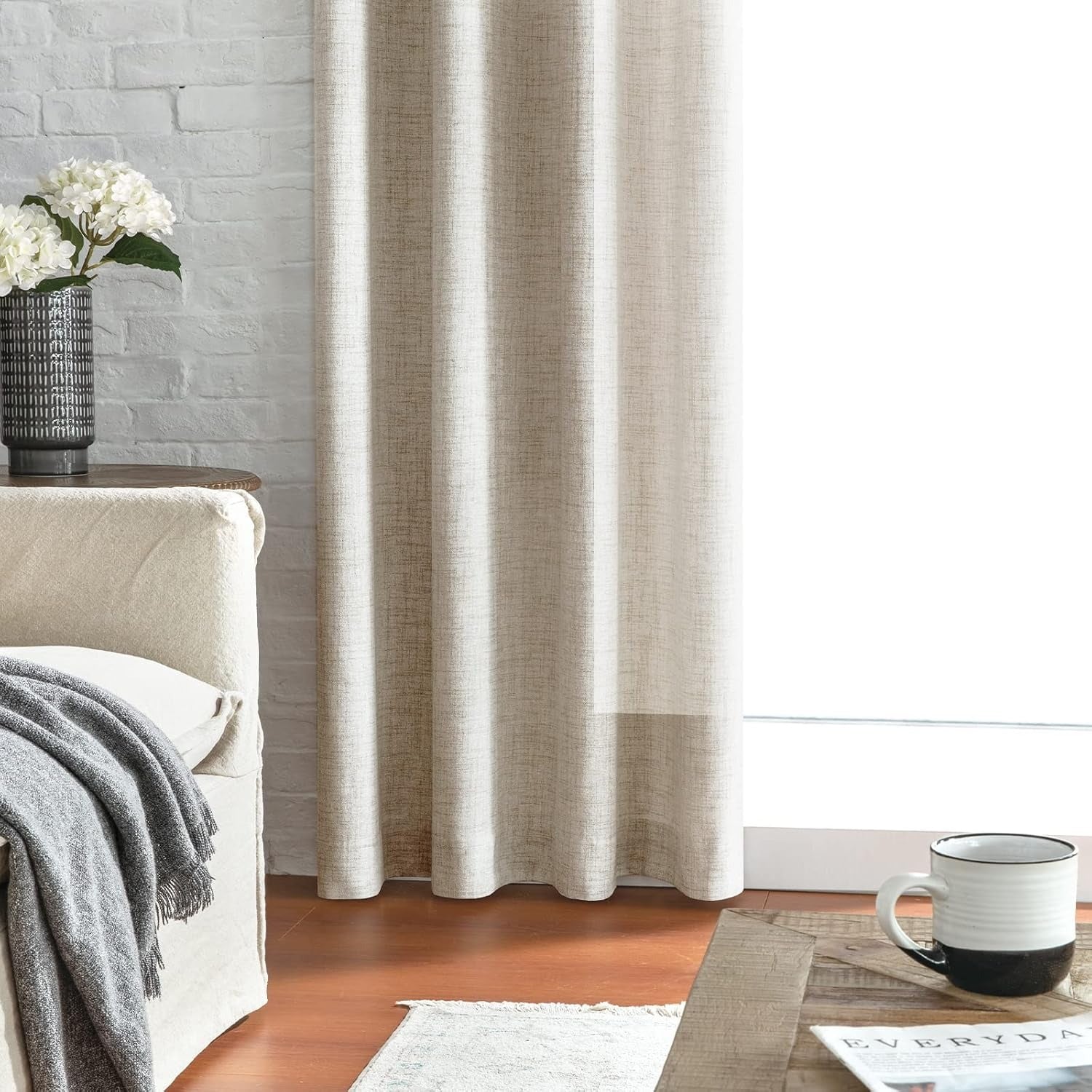 Linen-Look Curtains with Ruffle Tape | Semi-Sheer | Beige | Multiple Sizes | Rod, Hook & Drawstring