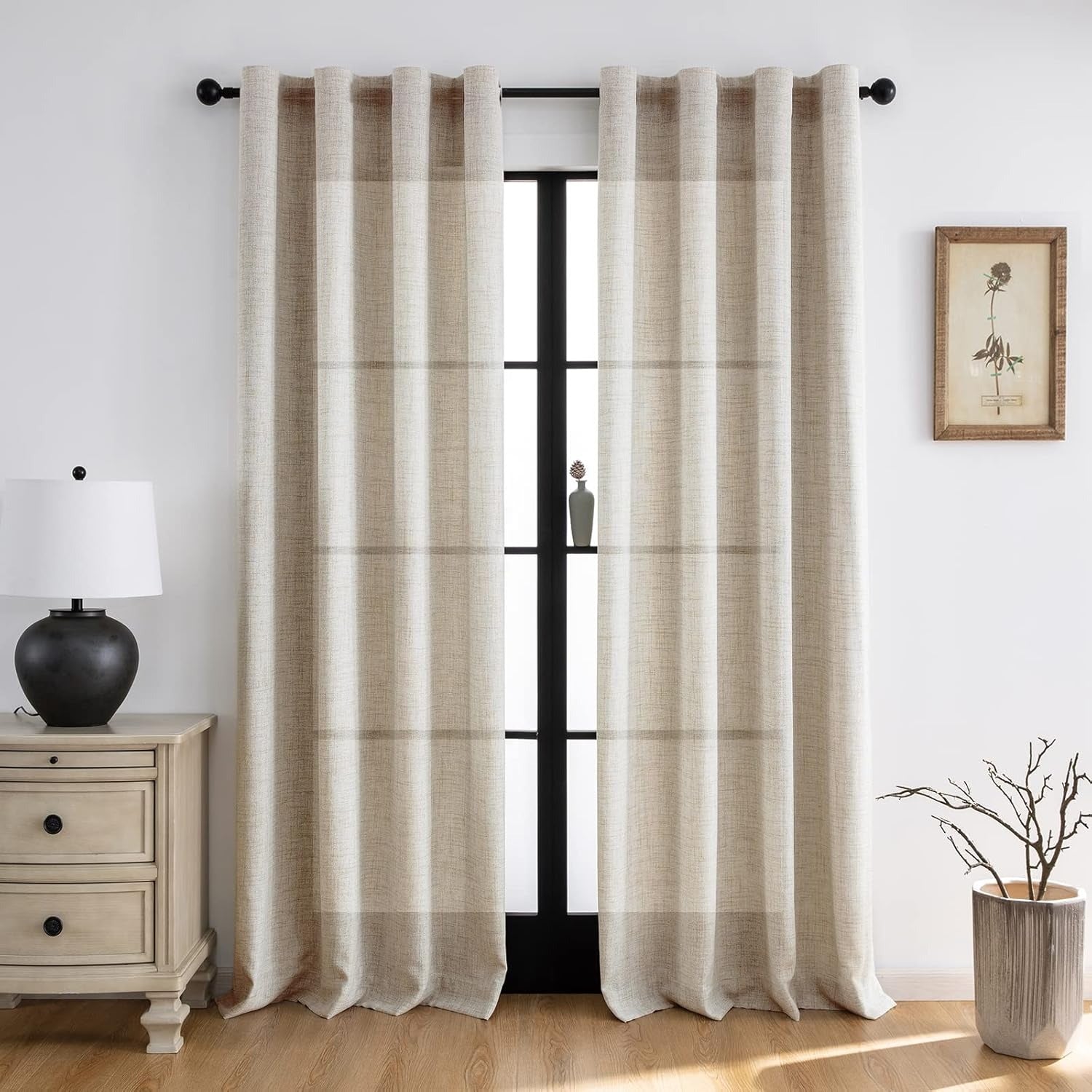 Linen-Look Curtains with Ruffle Tape | Semi-Sheer | Beige | Multiple Sizes | Rod, Hook & Drawstring