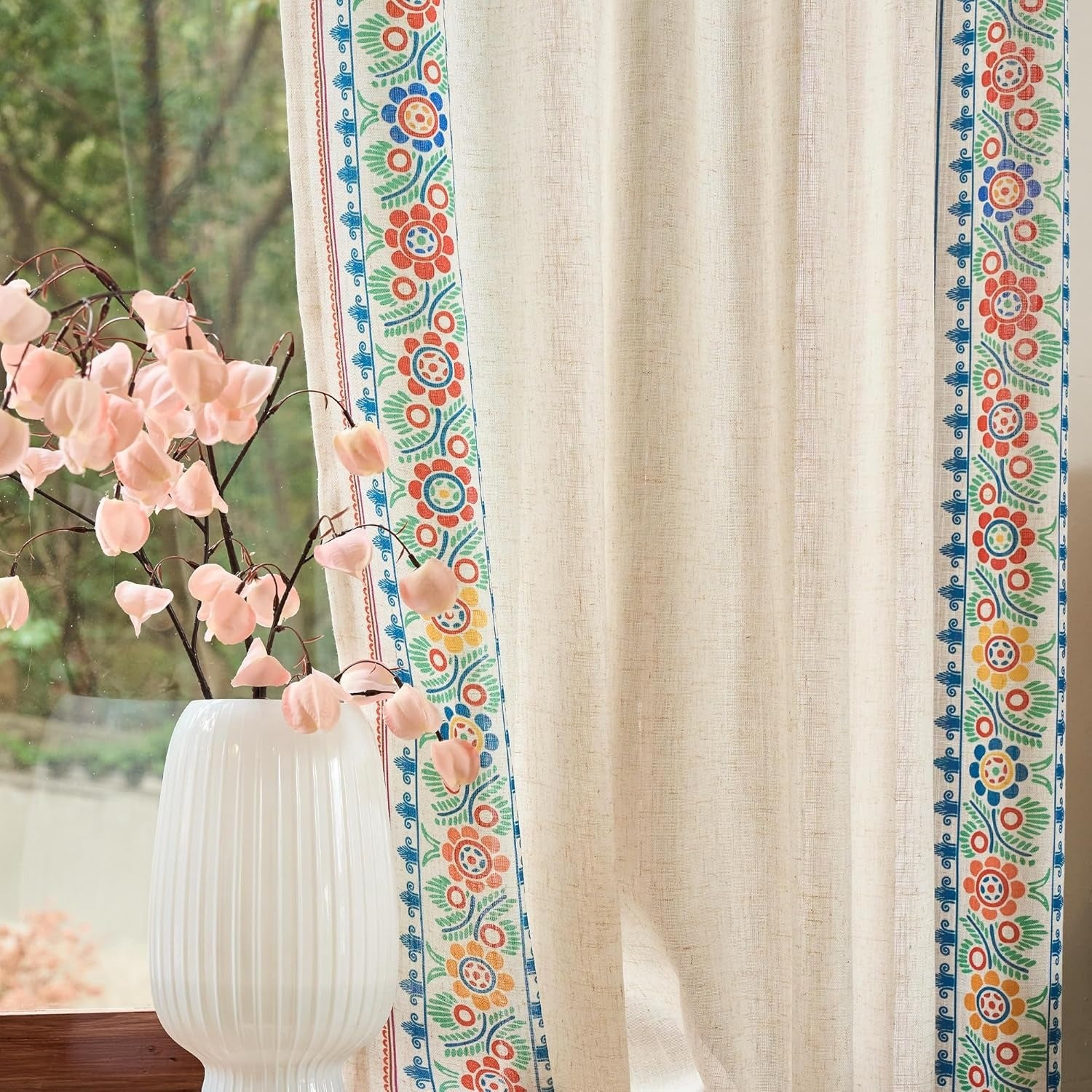 Boho Linen Curtains | Farmhouse Floral Print | Light Filtering | Back Tab & Rod Pocket | 2 Panels, 50"W