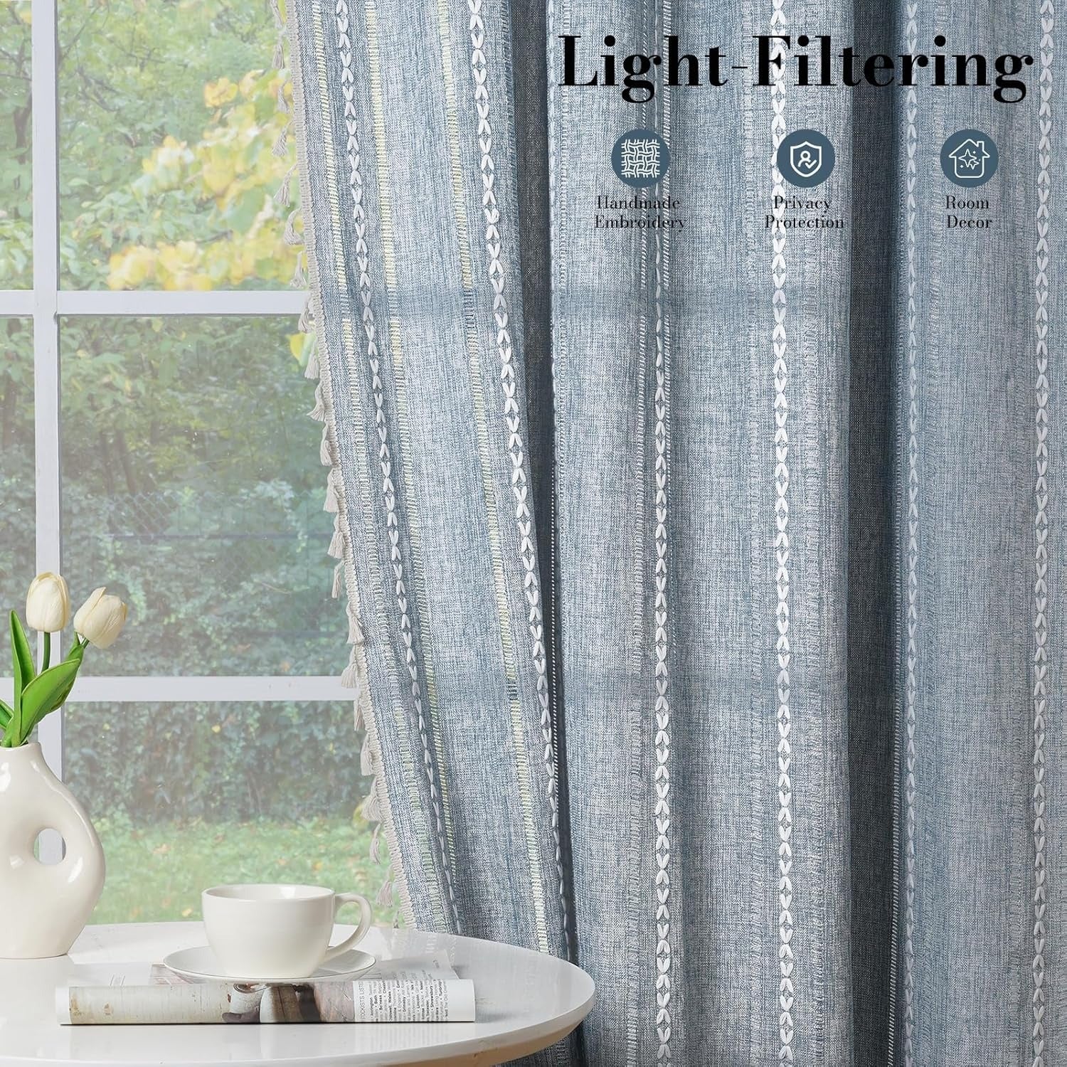 Boho Linen-Textured Curtains | Embroidered Stripe with Tassels | Light Filtering | 2 Panels
