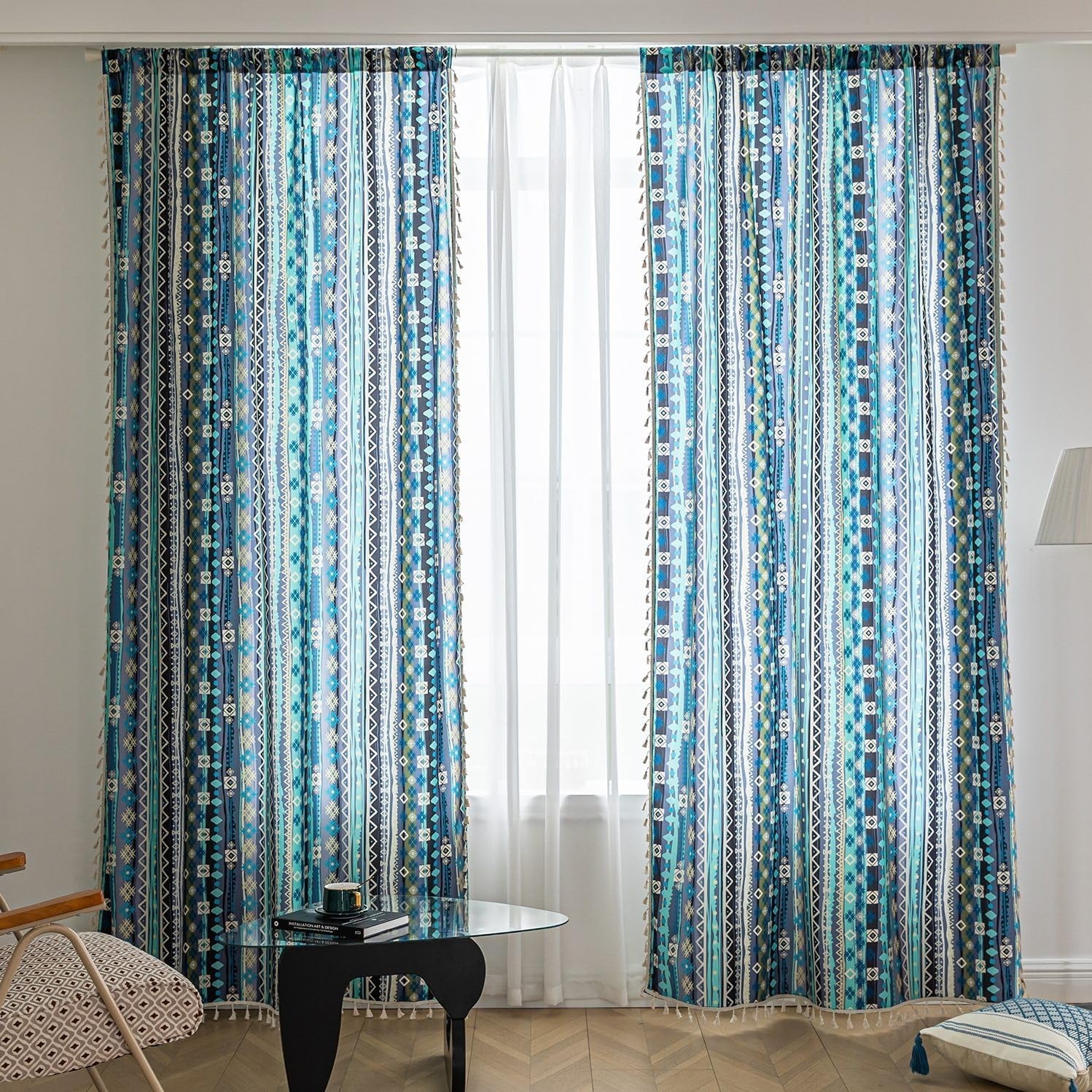 Boho Geometric Curtains | Colorful Striped Print | Light Filtering | Rod Pocket | 2 Panels, 52"W