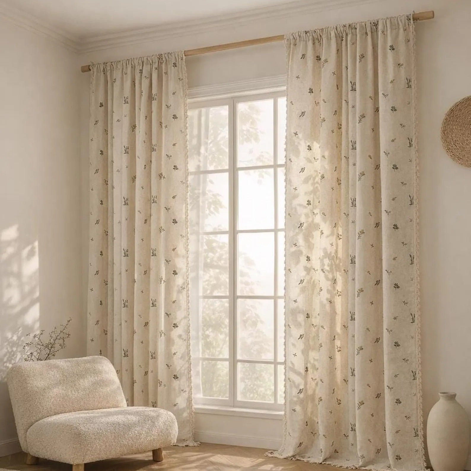 Embroidered Linen Curtain Panel | Boho Floral Fringe | Light Filtering Drapes