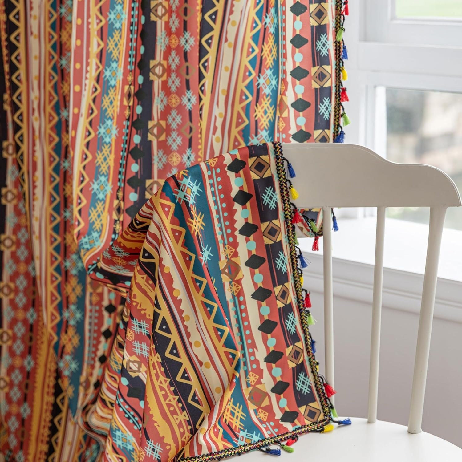 Boho Geometric Curtains | Colorful Striped Print | Light Filtering | Rod Pocket | 2 Panels, 52"W