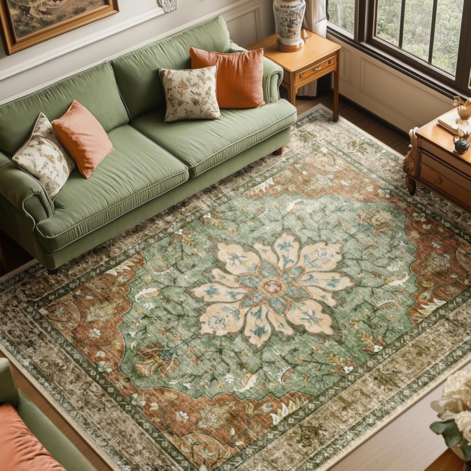 Vintage Floral Medallion Area Rug | Terracotta & Burnt Orange | Washable | Non-Slip | Low Pile | Multiple Sizes