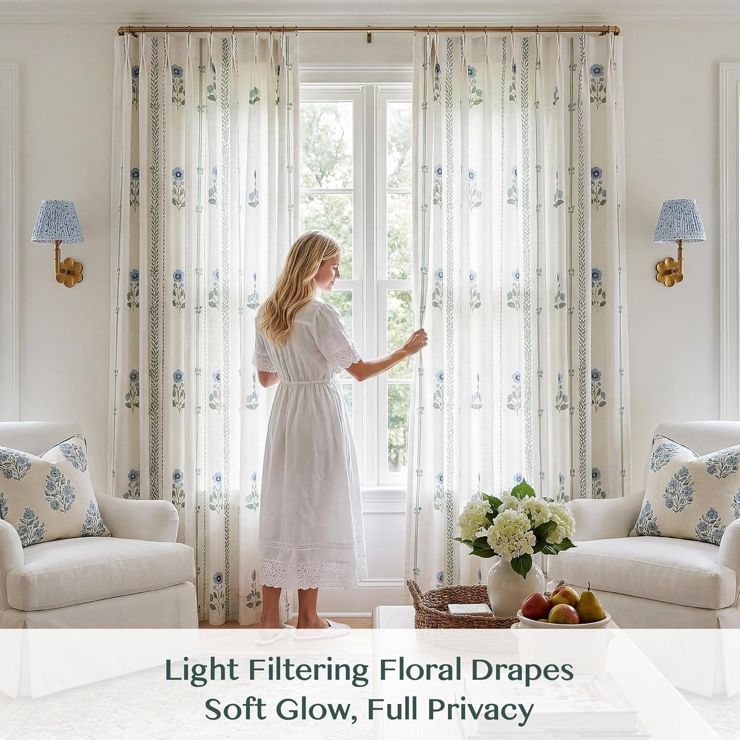 Pinch Pleat Floral Curtains | Heavyweight Linen Blend | Light Filtering | Hooks Included | 2 Panels