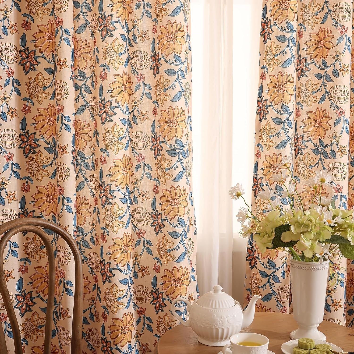 Vintage Semi-Blackout Colorful Floral Curtains with Grommets | Linen Blend | 2 Panels, 53"W × 94"L