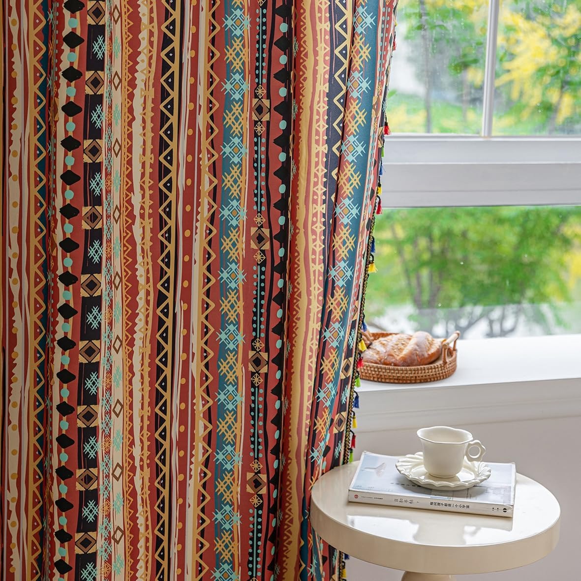 Boho Geometric Curtains | Colorful Striped Print | Light Filtering | Rod Pocket | 2 Panels, 52"W