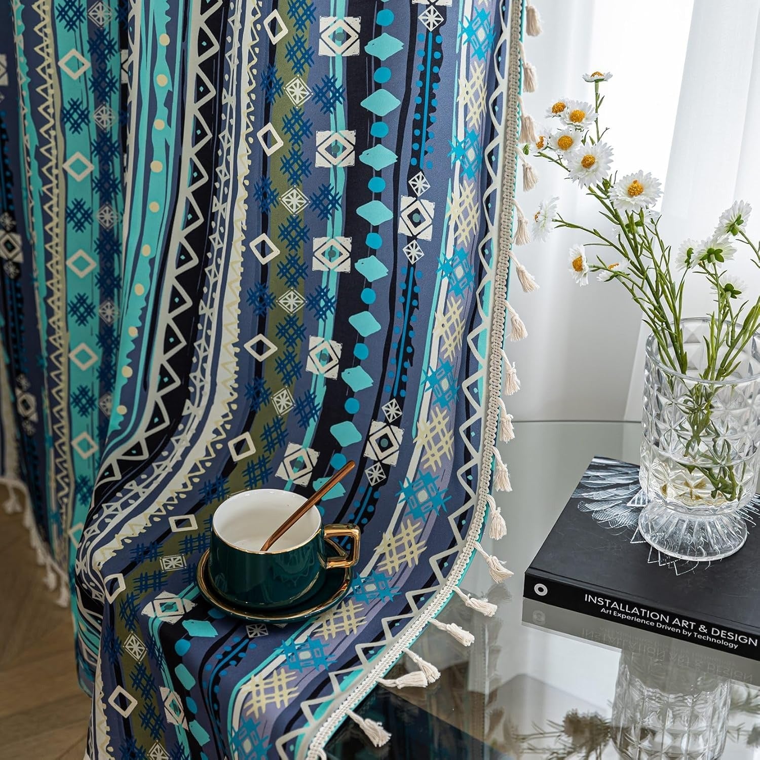Boho Geometric Curtains | Colorful Striped Print | Light Filtering | Rod Pocket | 2 Panels, 52"W