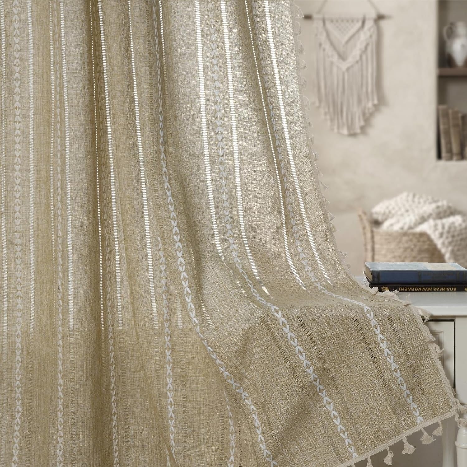 Boho Linen-Textured Curtains | Embroidered Stripe with Tassels | Light Filtering | 2 Panels