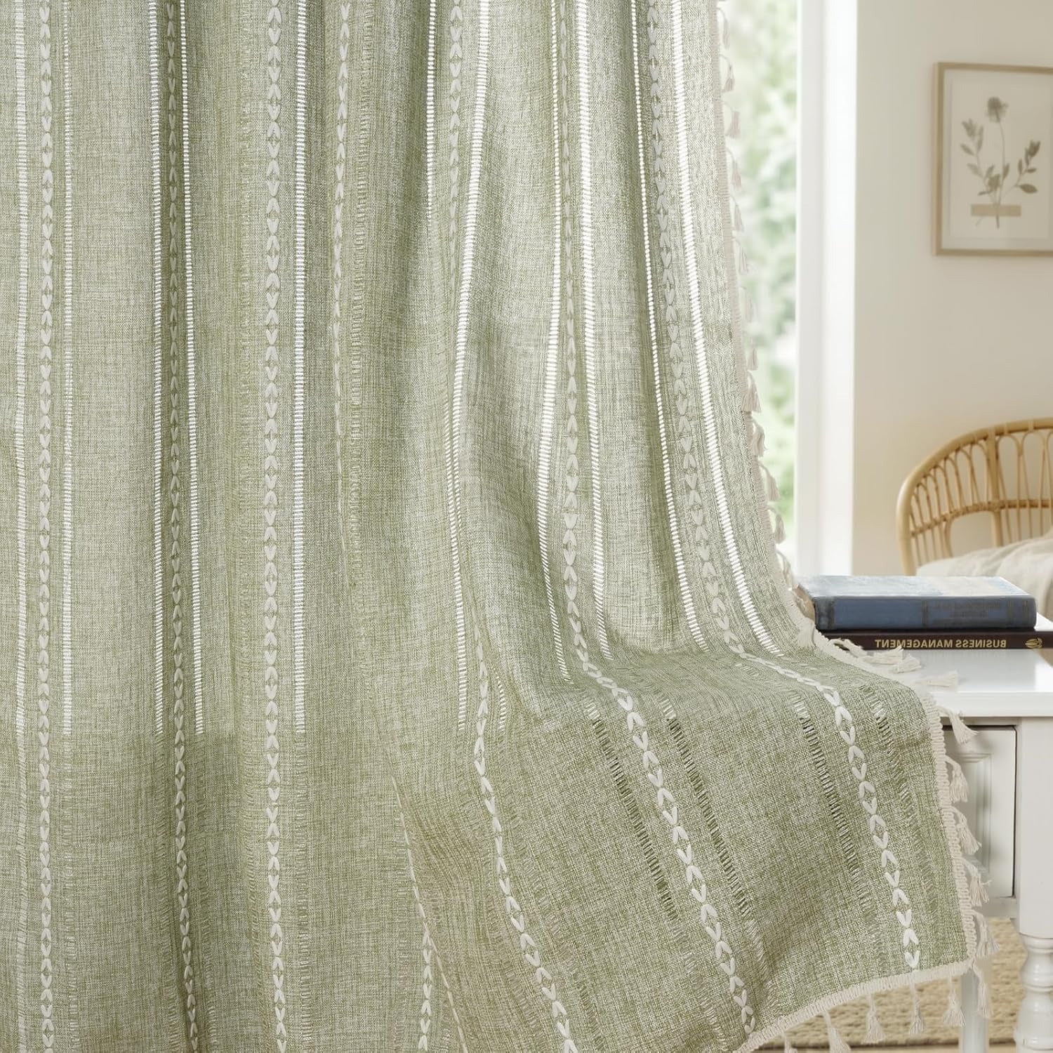 Boho Linen-Textured Curtains | Embroidered Stripe with Tassels | Light Filtering | 2 Panels