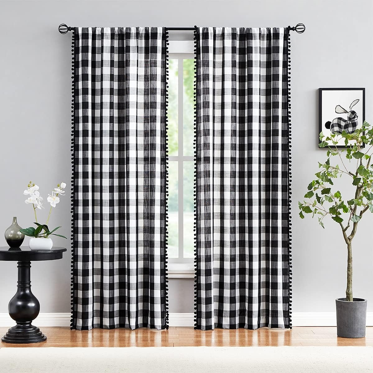 Buffalo Check Curtains with Pom Pom Border | Semi-Sheer Farmhouse Drapes | Taupe & White | Rod Pocket | 2 Panels