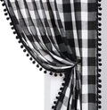 Buffalo Check Curtains with Pom Pom Border | Semi-Sheer Farmhouse Drapes | Taupe & White | Rod Pocket | 2 Panels