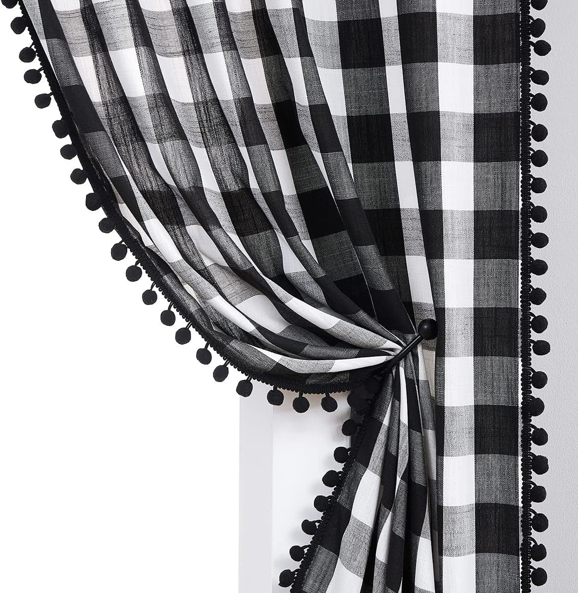 Buffalo Check Curtains with Pom Pom Border | Semi-Sheer Farmhouse Drapes | Taupe & White | Rod Pocket | 2 Panels